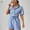 Striped Short-Sleeve Jumpsuit - Fitted Waist, Perfect for Summer   OAXG 