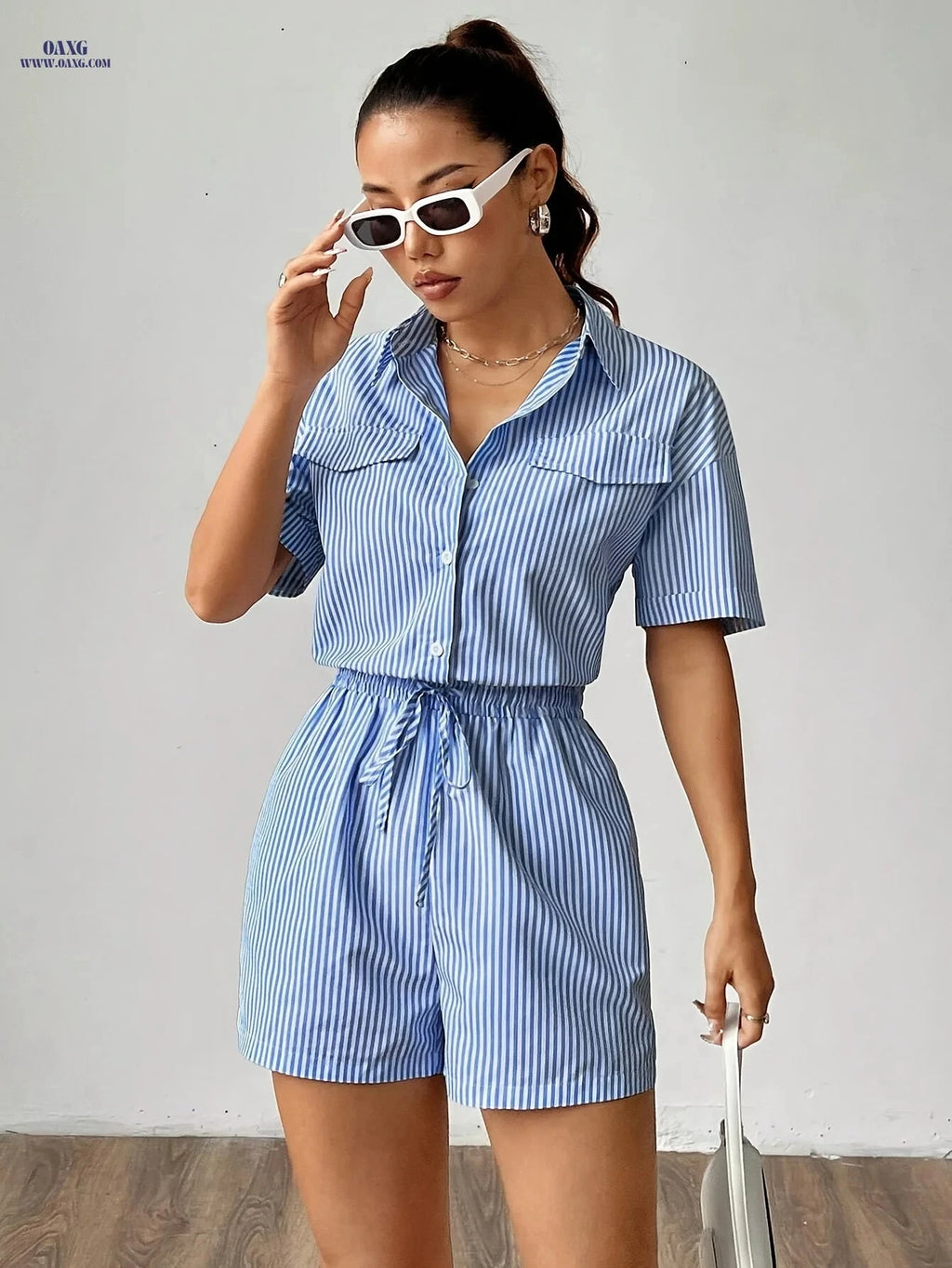 Striped Short-Sleeve Jumpsuit - Fitted Waist, Perfect for Summer   OAXG Blue Navy / XS