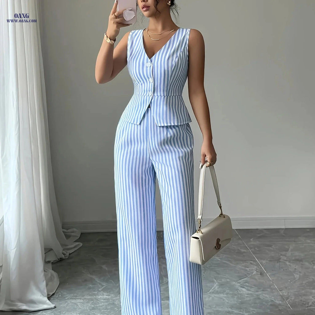Striped Women's Summer Casual Outfit - Vest & Straight Pants Set   OAXG 