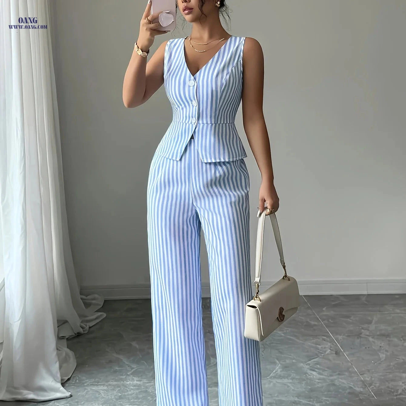 Striped Women's Summer Casual Outfit - Vest & Straight Pants Set   OAXG 