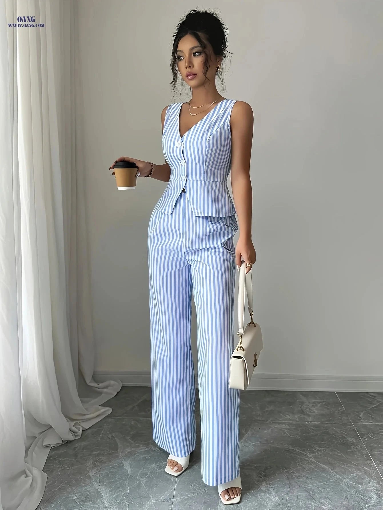 Striped Women's Summer Casual Outfit - Vest & Straight Pants Set   OAXG 