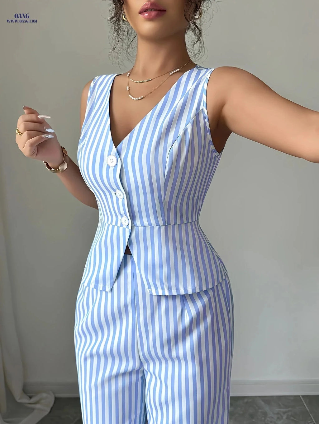 Striped Women's Summer Casual Outfit - Vest & Straight Pants Set   OAXG Sky Blue / S