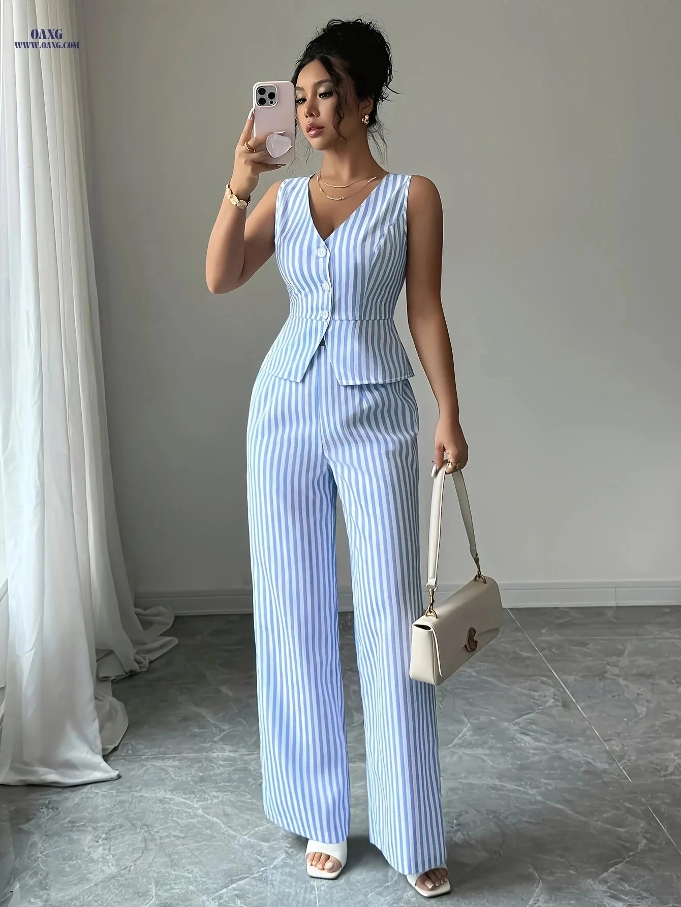 Striped Women's Summer Casual Outfit - Vest & Straight Pants Set   OAXG Sky Blue / S