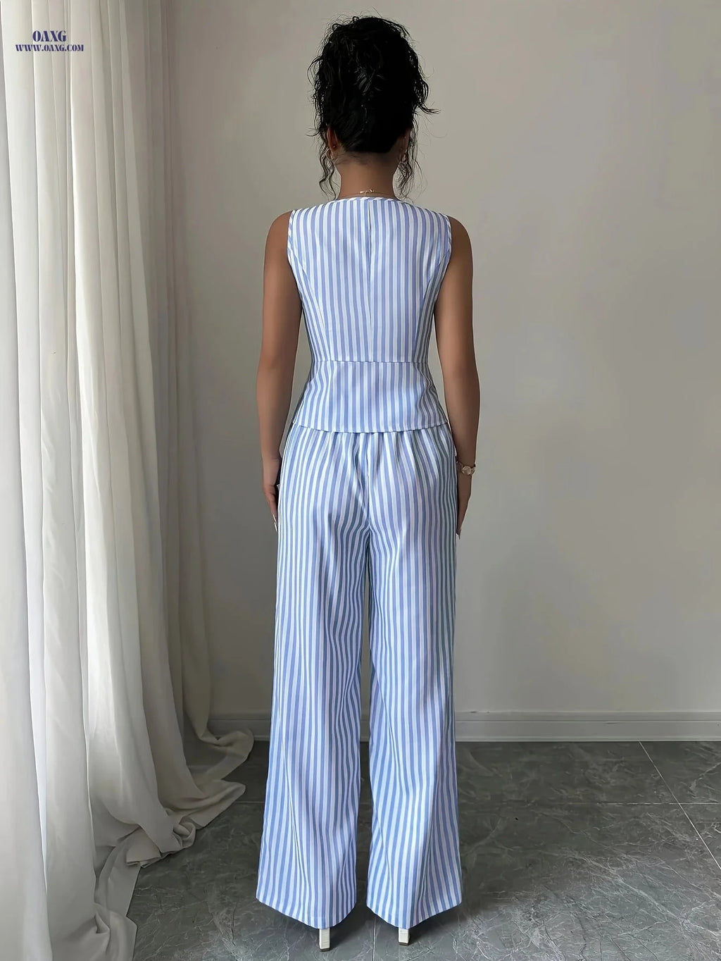 Striped Women's Summer Casual Outfit - Vest & Straight Pants Set   OAXG Sky Blue / S