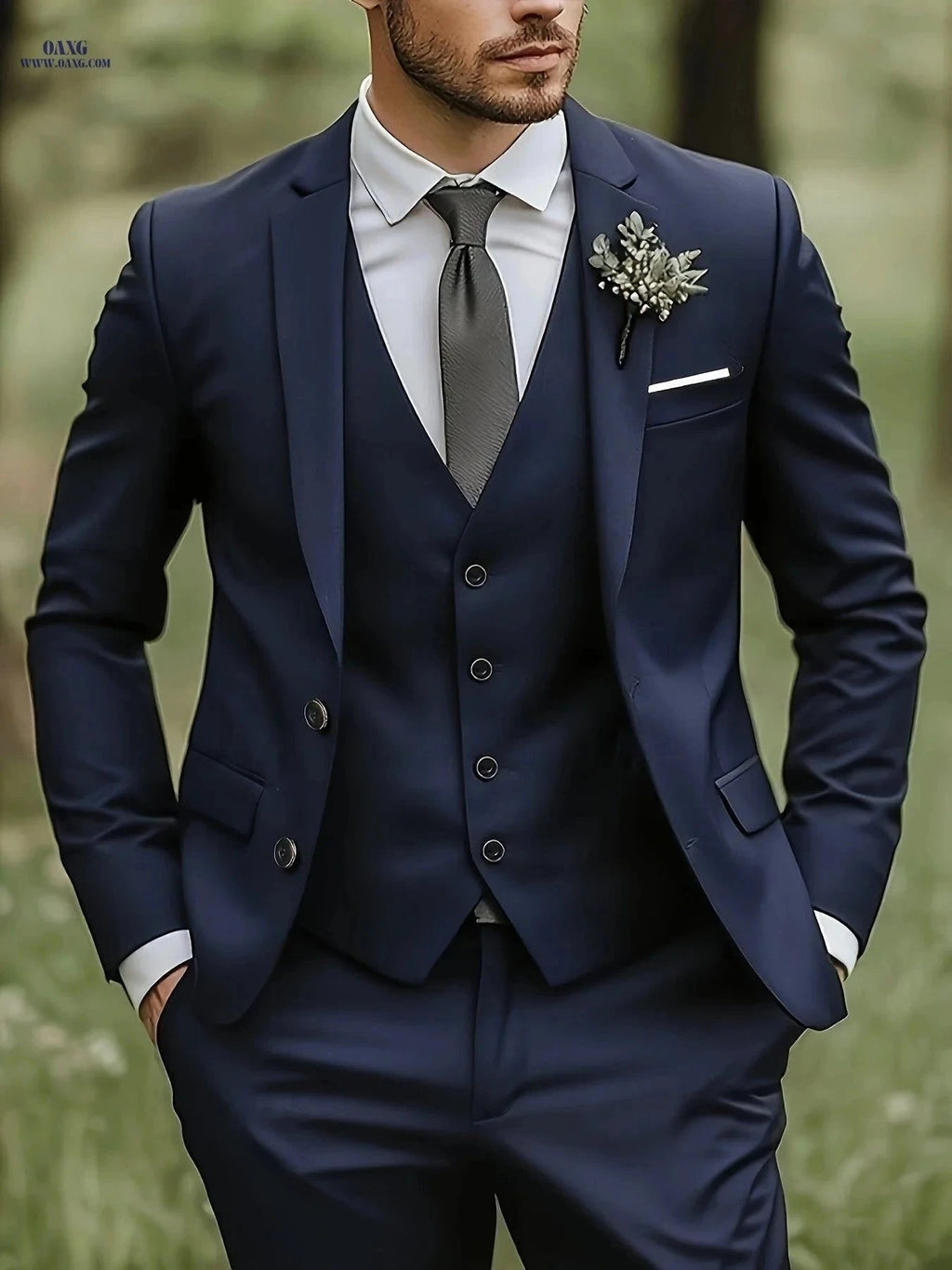 Stylish 3-Piece Men's Suit Set - Blazer, Vest & Trousers   OAXG Grey / FR XXS