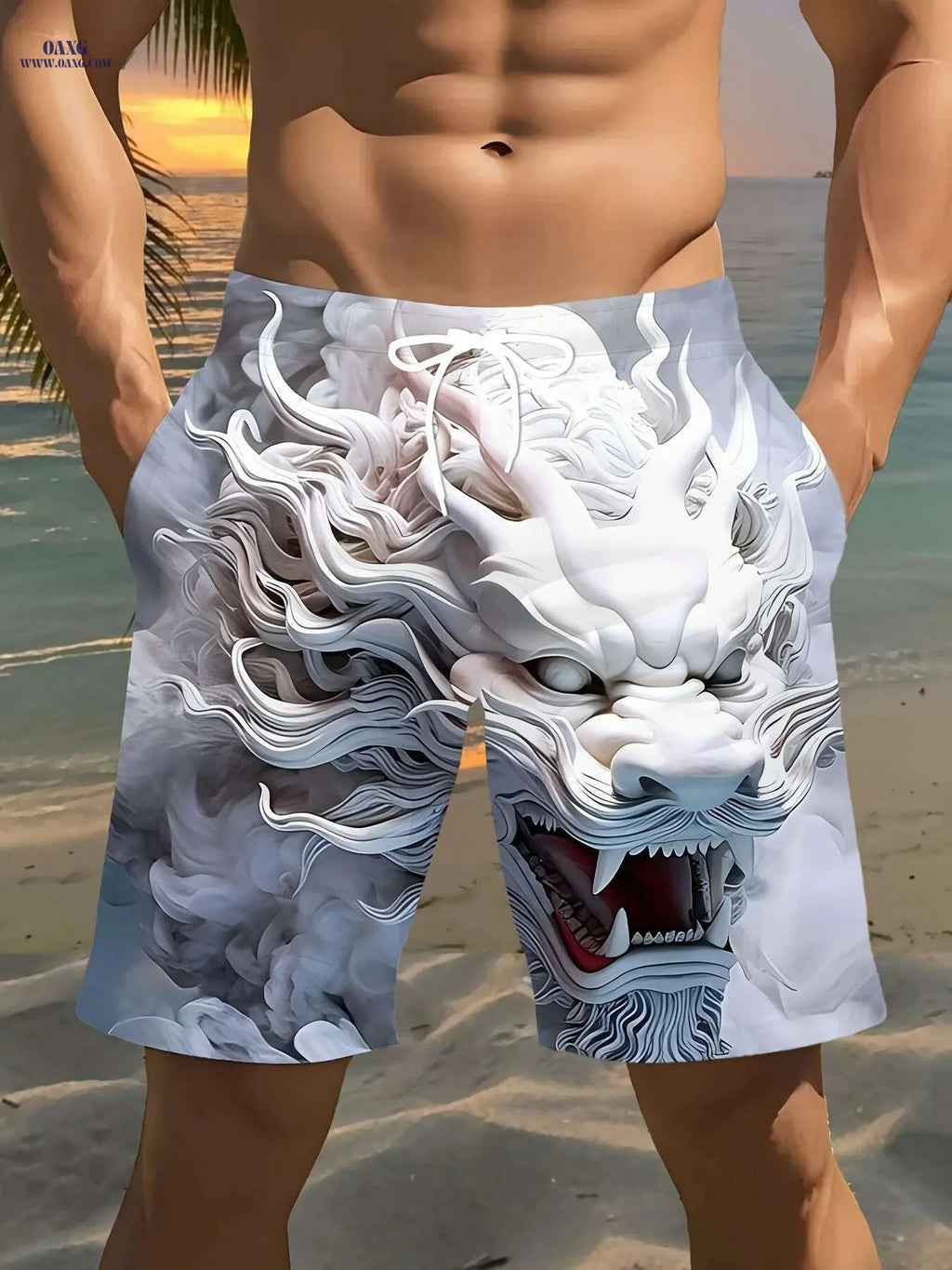 Stylish 3D Dragon Print Beach Shorts - Lightweight & Comfortable for Summer   OAXG White / S