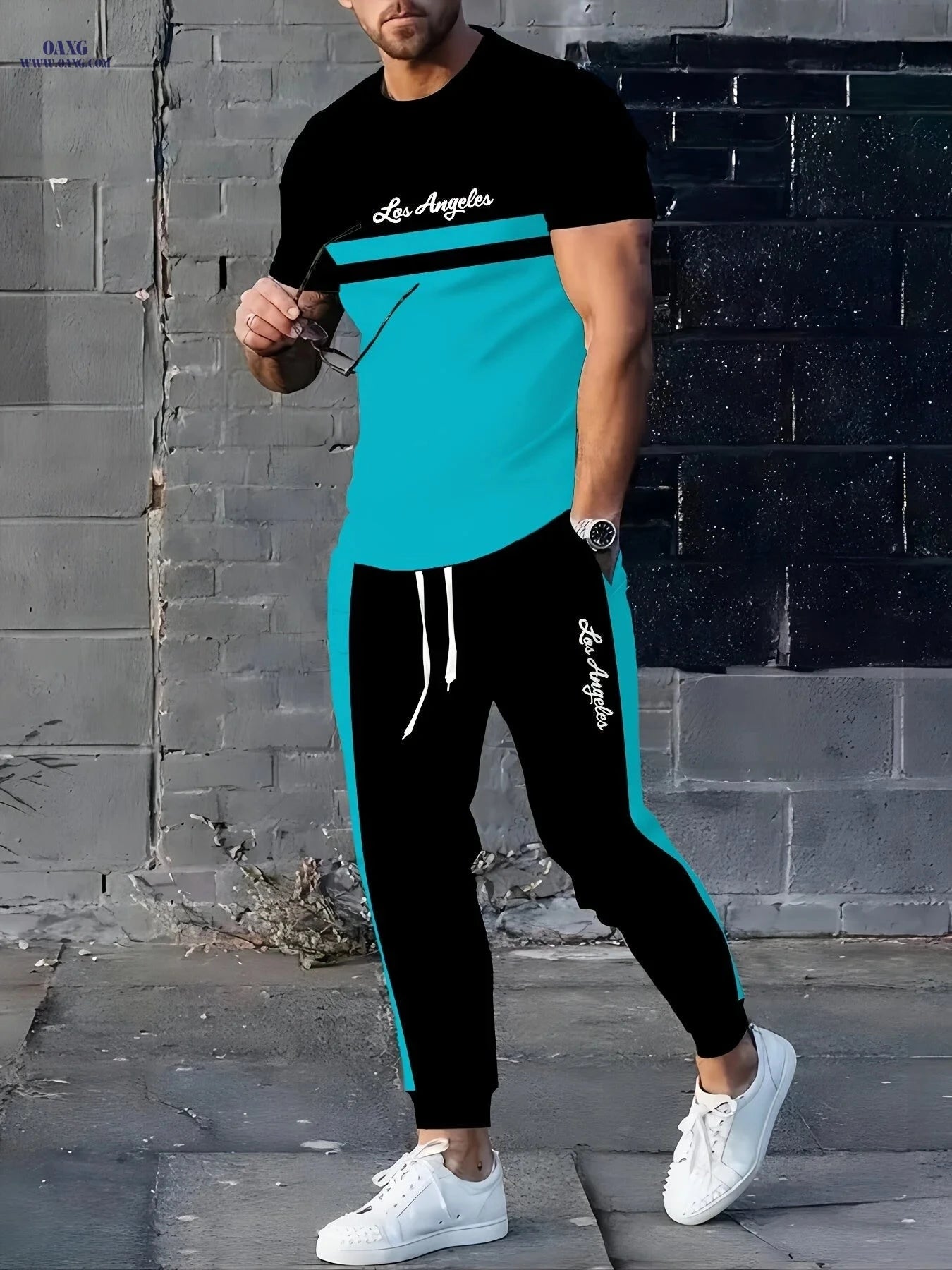 Stylish 3D Print Two-Piece Set - Short-Sleeve T-Shirt & Drawstring Pants   OAXG 