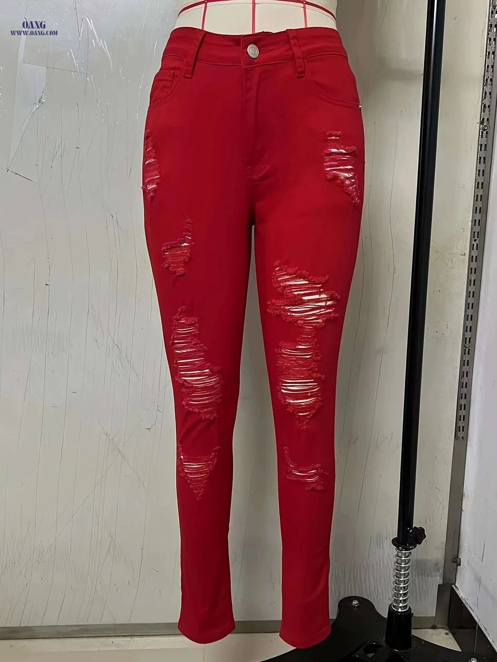 Stylish Army Green Skinny Ripped Pants for Women - Mid-High Waist   OAXG crimson / S
