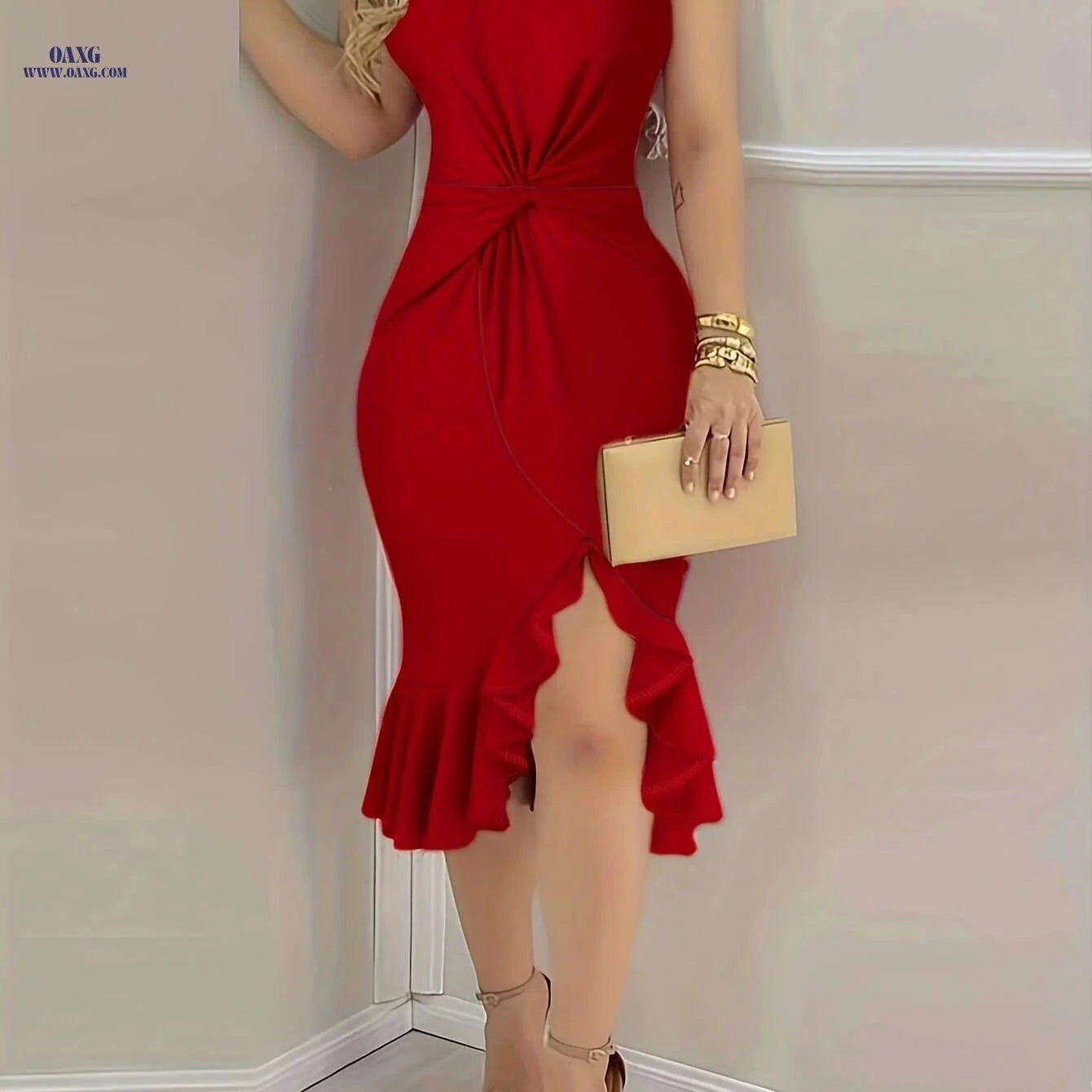 Stylish Asymmetrical Shoulder Dress - Twisted Knot & Ruffled Hem   OAXG 