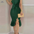 Stylish Asymmetrical Shoulder Dress - Twisted Knot & Ruffled Hem   OAXG Pink Color / S