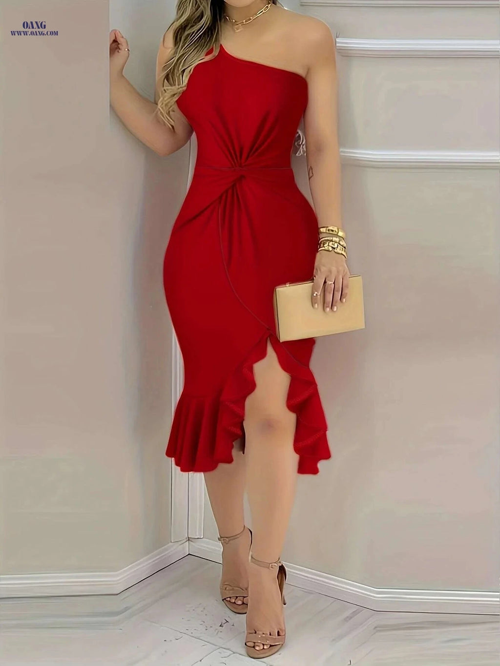 Stylish Asymmetrical Shoulder Dress - Twisted Knot & Ruffled Hem   OAXG Pink Color / S
