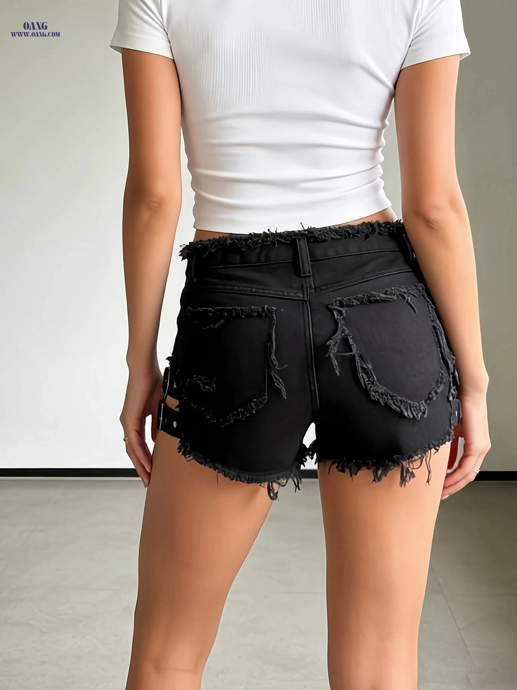 Stylish Black Denim Shorts for Women - High Stretch, Raw Hem Design   OAXG 