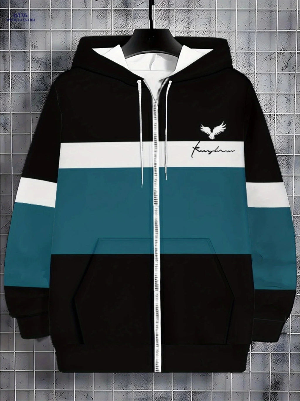 Stylish Black Polyester Hoodie with Teal Stripes - Lightweight & Durable   OAXG 