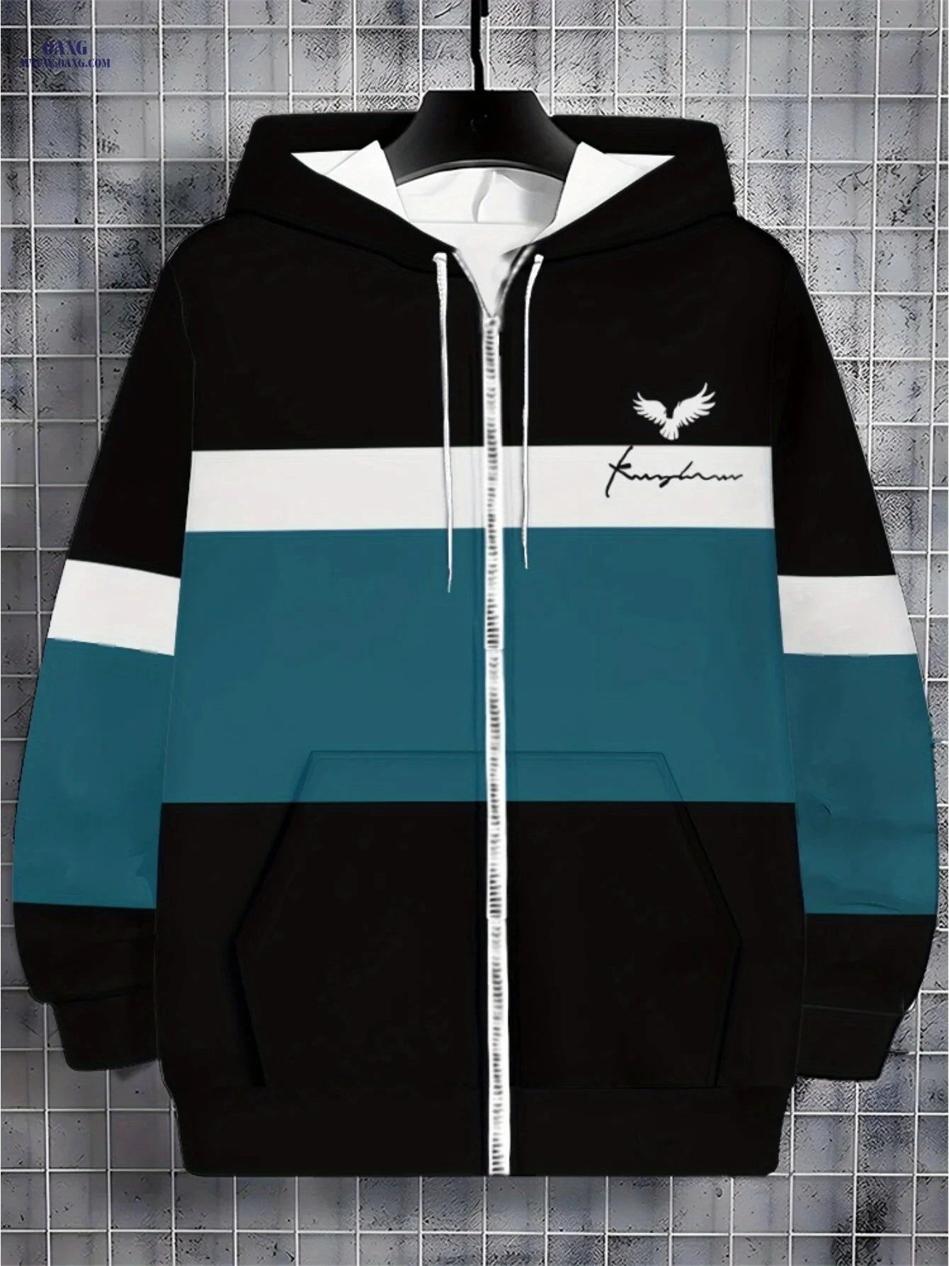 Stylish Black Polyester Hoodie with Teal Stripes - Lightweight & Durable   OAXG 