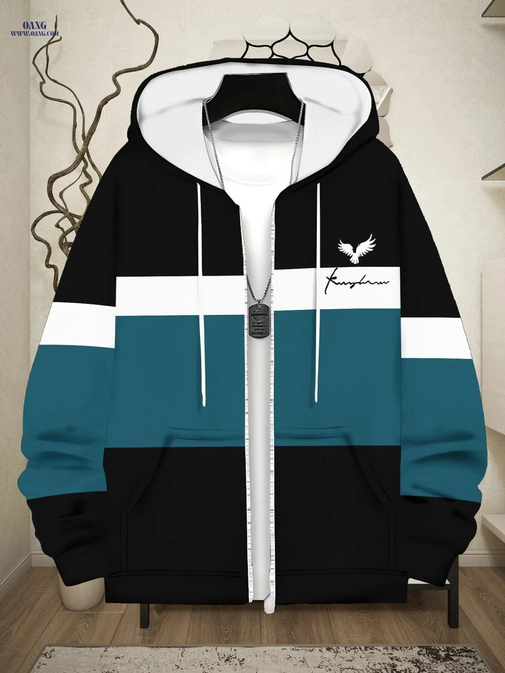 Stylish Black Polyester Hoodie with Teal Stripes - Lightweight & Durable   OAXG 【Multicolor】 / FR M
