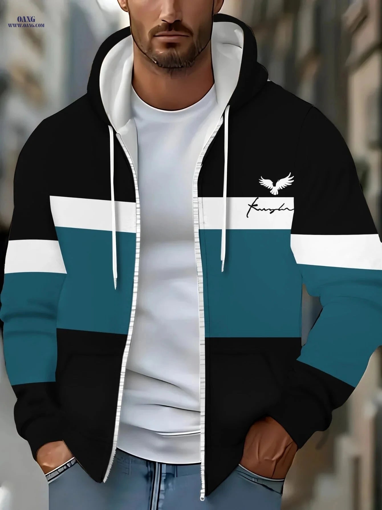 Stylish Black Polyester Hoodie with Teal Stripes - Lightweight & Durable   OAXG 【Multicolor】 / FR M