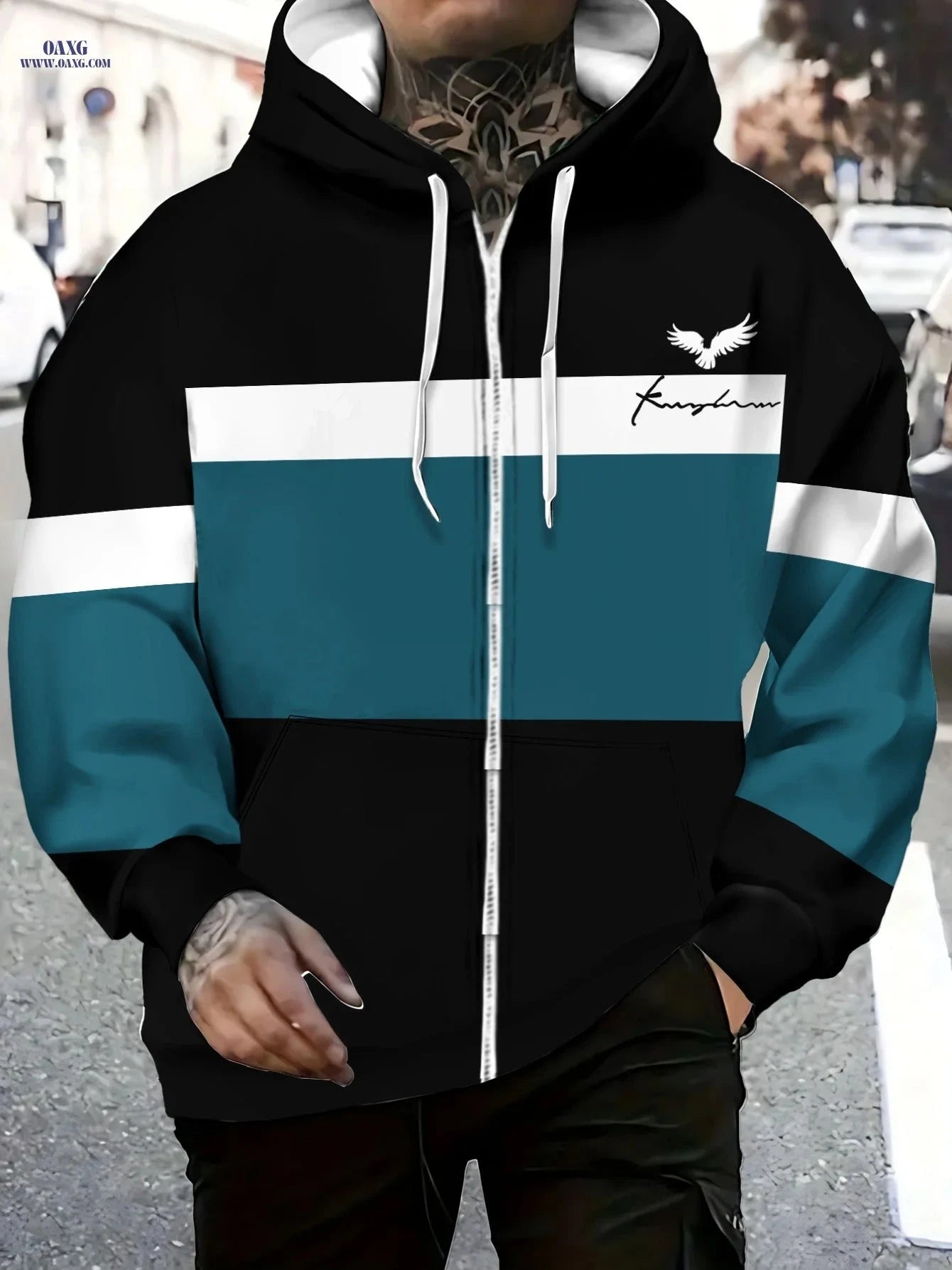 Stylish Black Polyester Hoodie with Teal Stripes - Lightweight & Durable   OAXG 【Multicolor】 / FR M