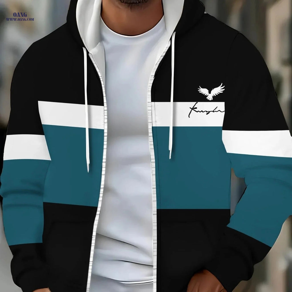 Stylish Black Polyester Hoodie with Teal Stripes - Lightweight & Durable   OAXG 【Multicolor】 / FR M