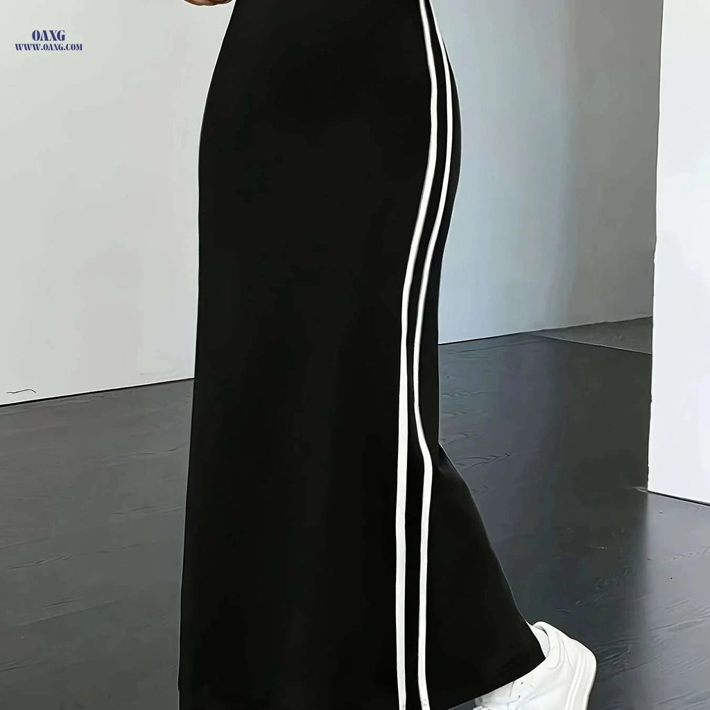 Stylish Black & White Striped High-Waist Midi Skirt - Comfortable Fit   OAXG Black / XS