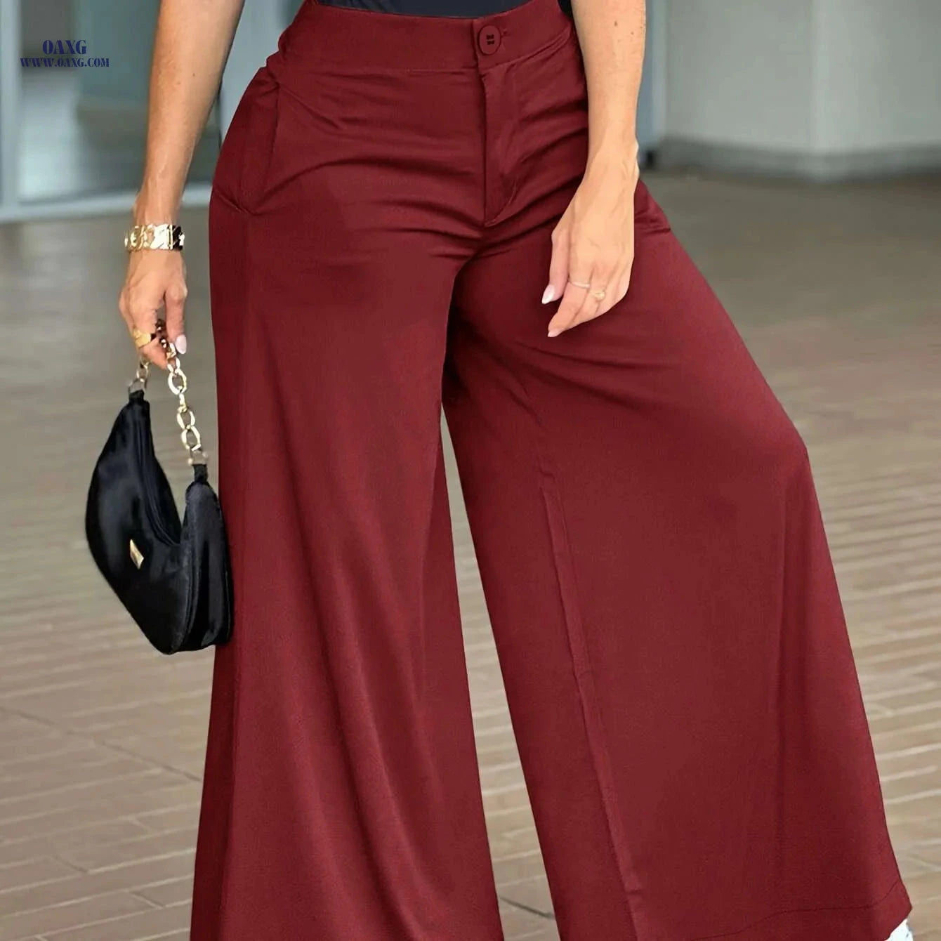 Stylish Black Women's Loose-Fit Wide-Leg Pants - Durable & All-Season   OAXG 