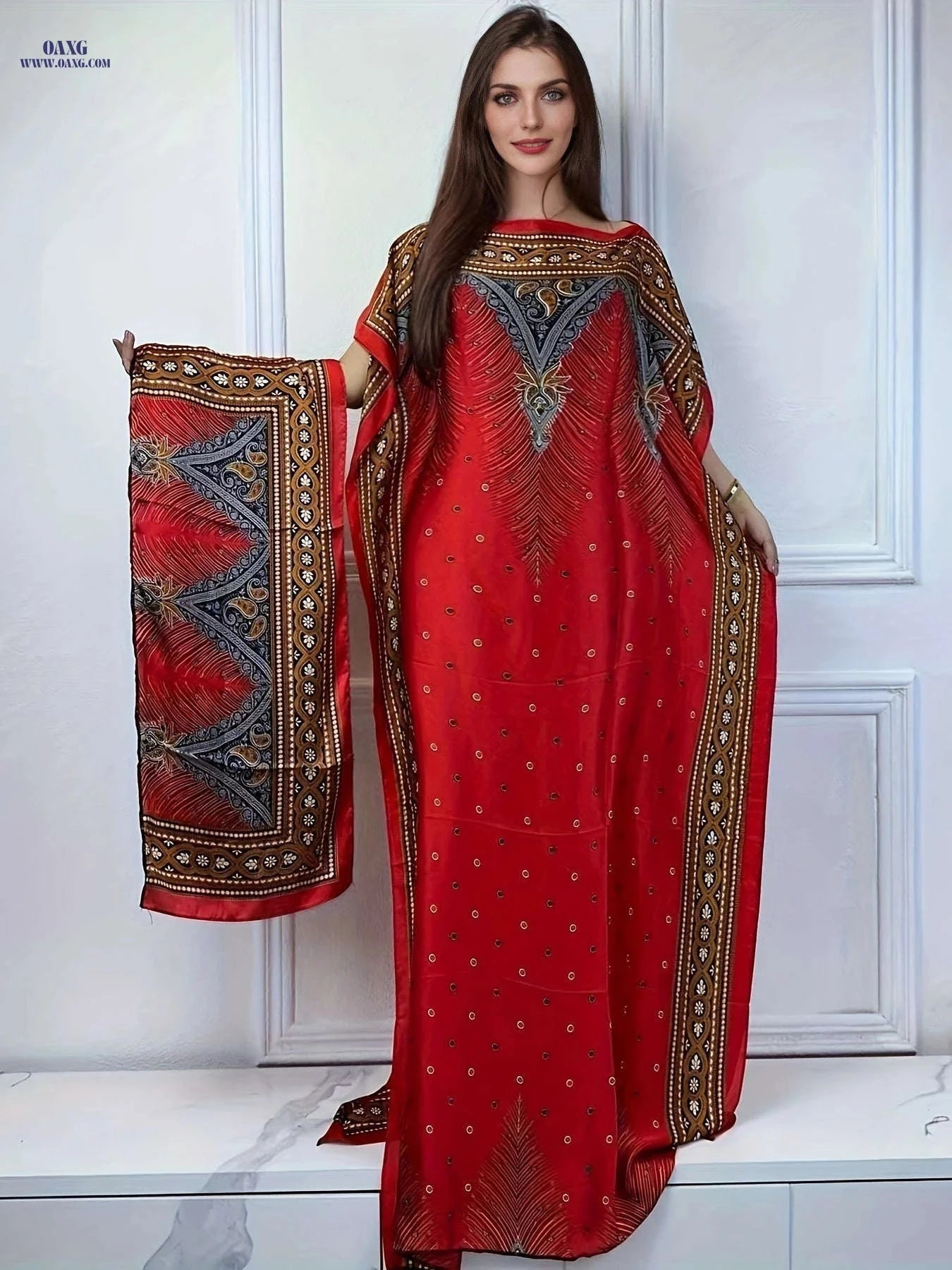 Stylish Boat Neck Abaya with Batwing Sleeves - Perfect for Spring   OAXG Red / One-size