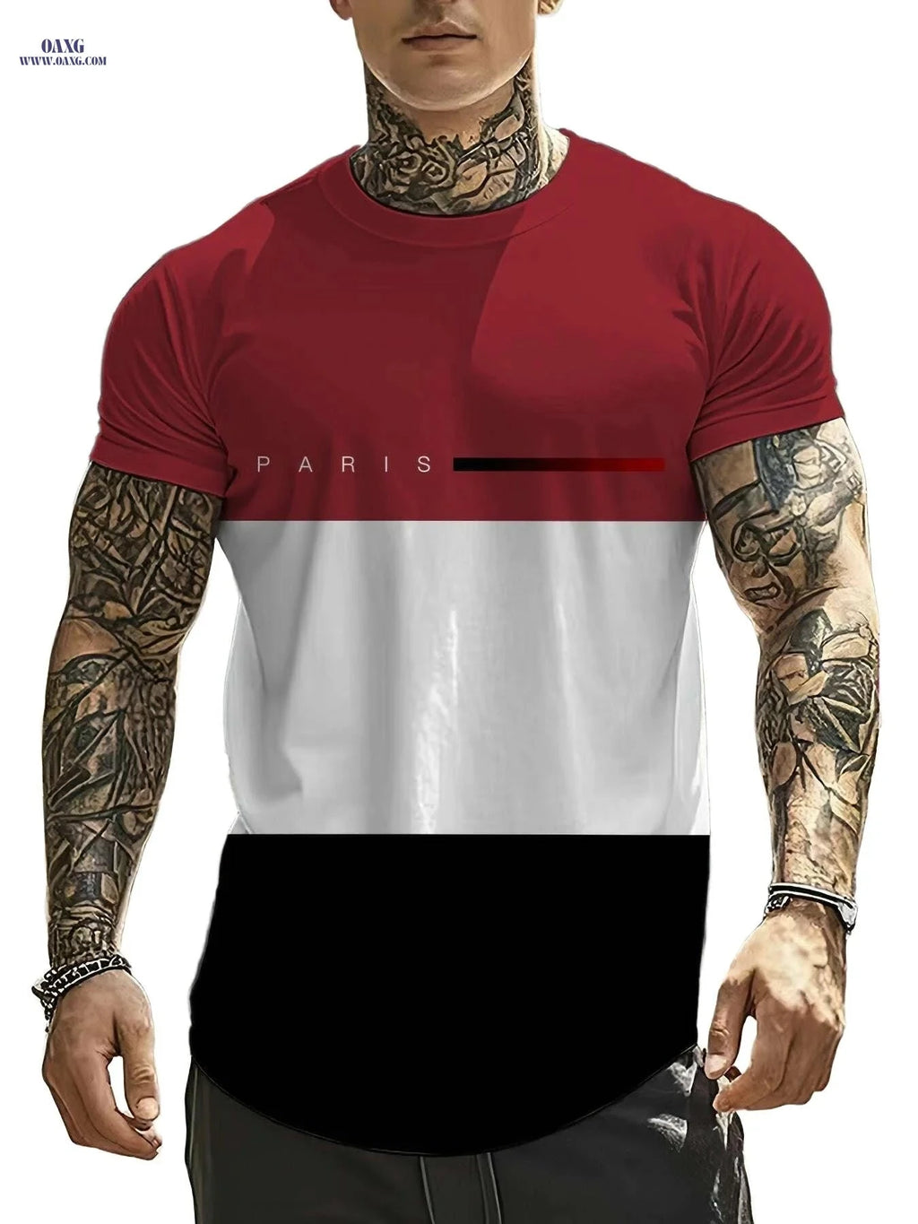 Stylish Casual Men's Graphic T-Shirt - Color-Blocked Design for Summer   OAXG 