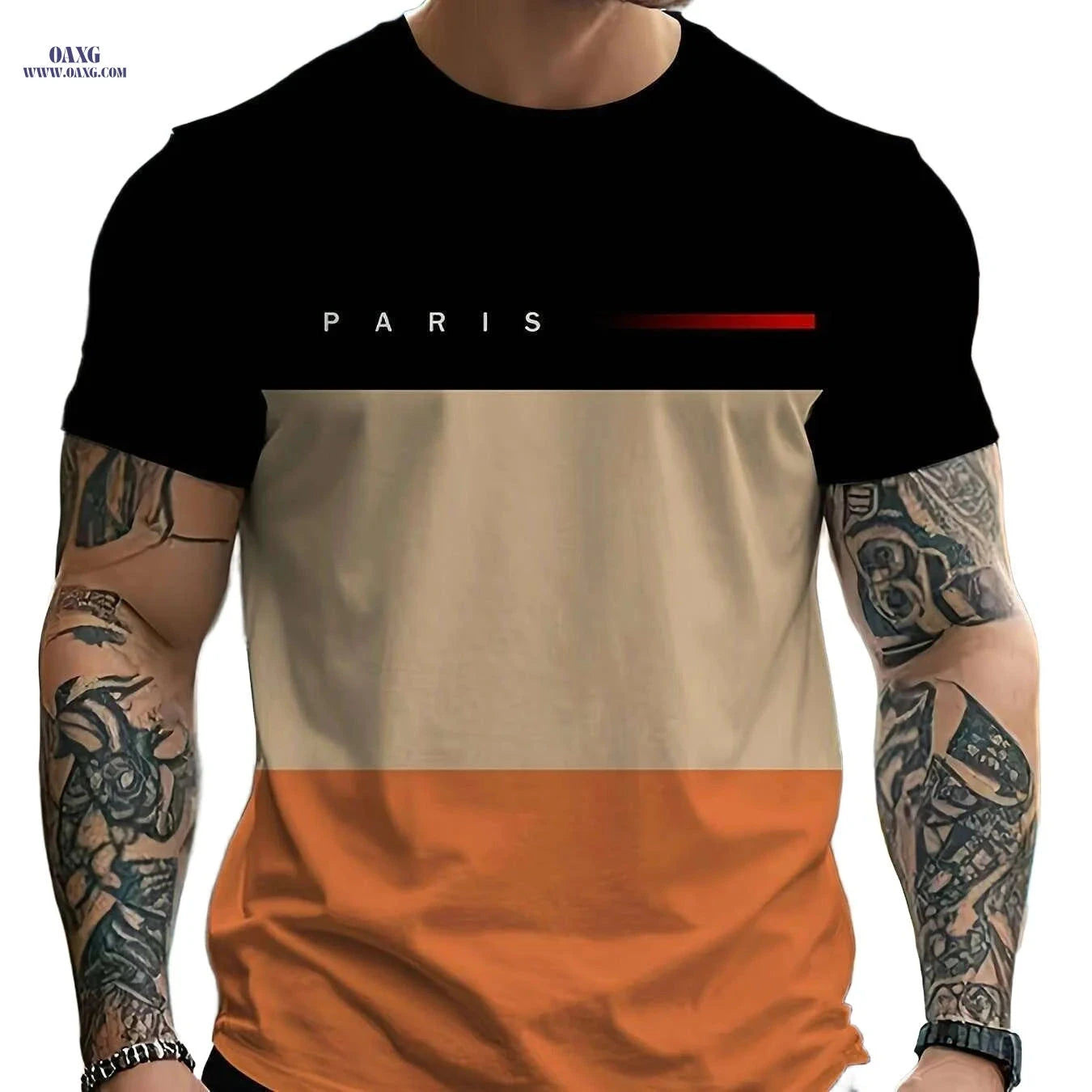 Stylish Casual Men's Graphic T-Shirt - Color-Blocked Design for Summer   OAXG 