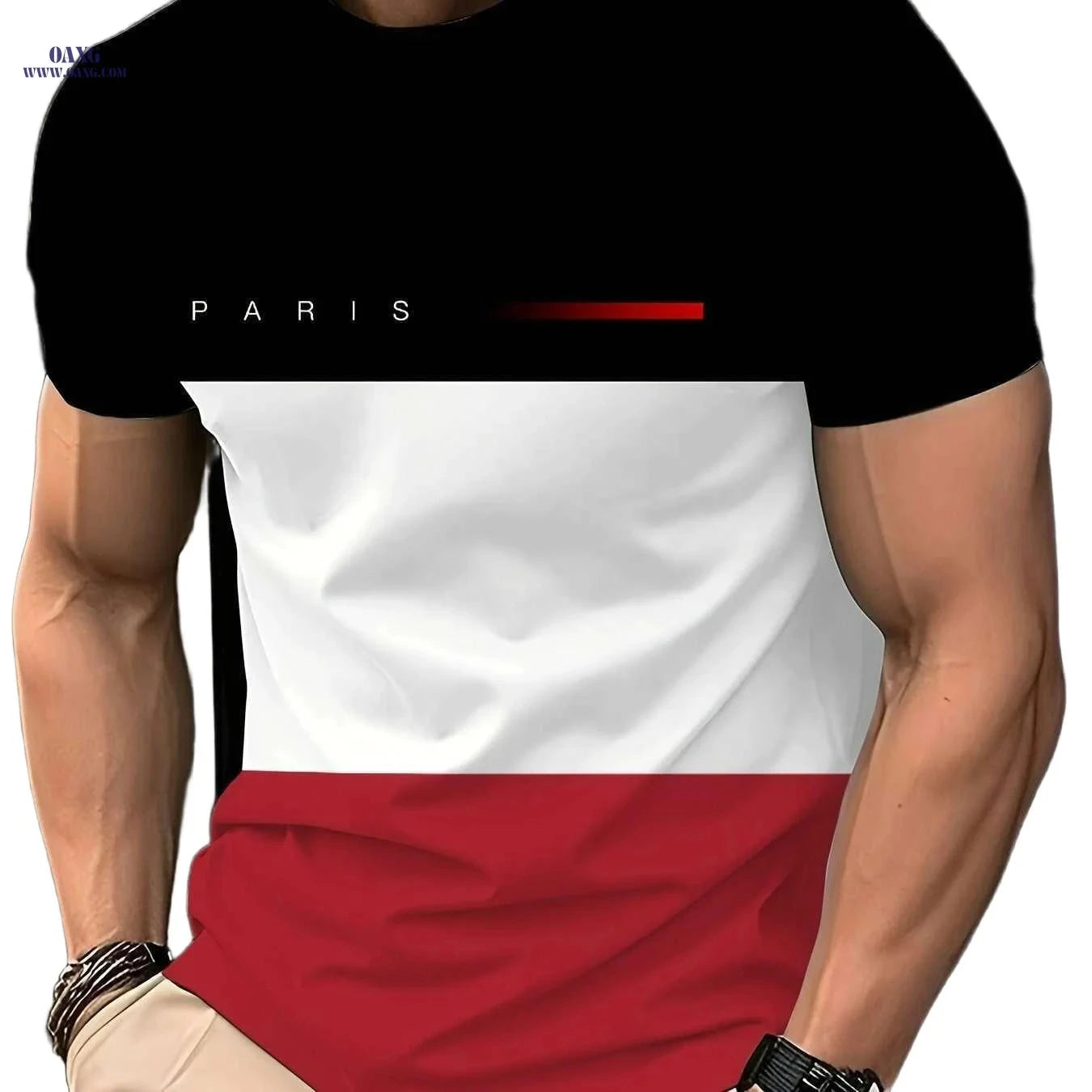 Stylish Casual Men's Graphic T-Shirt - Color-Blocked Design for Summer   OAXG 