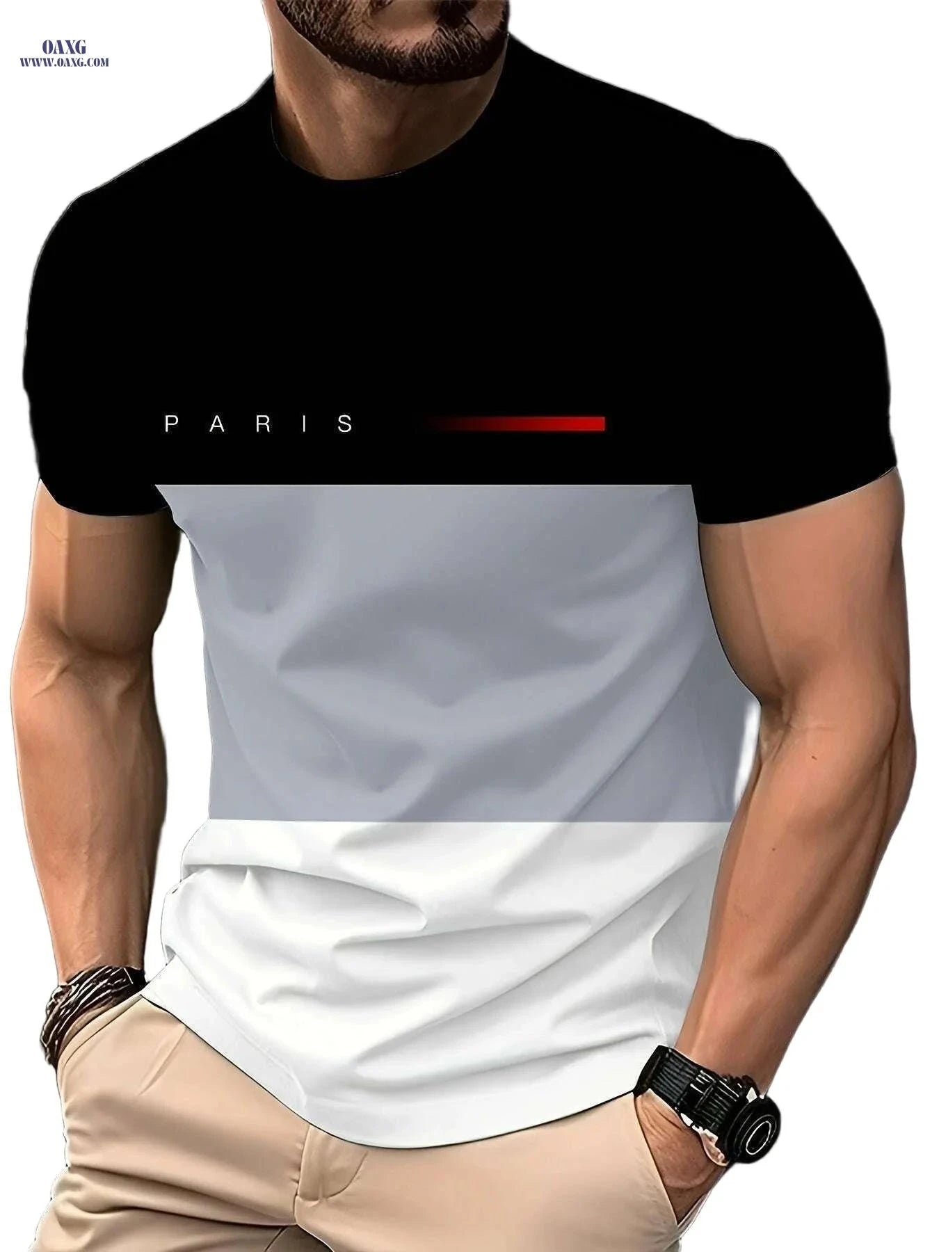 Stylish Casual Men's Graphic T-Shirt - Color-Blocked Design for Summer   OAXG 