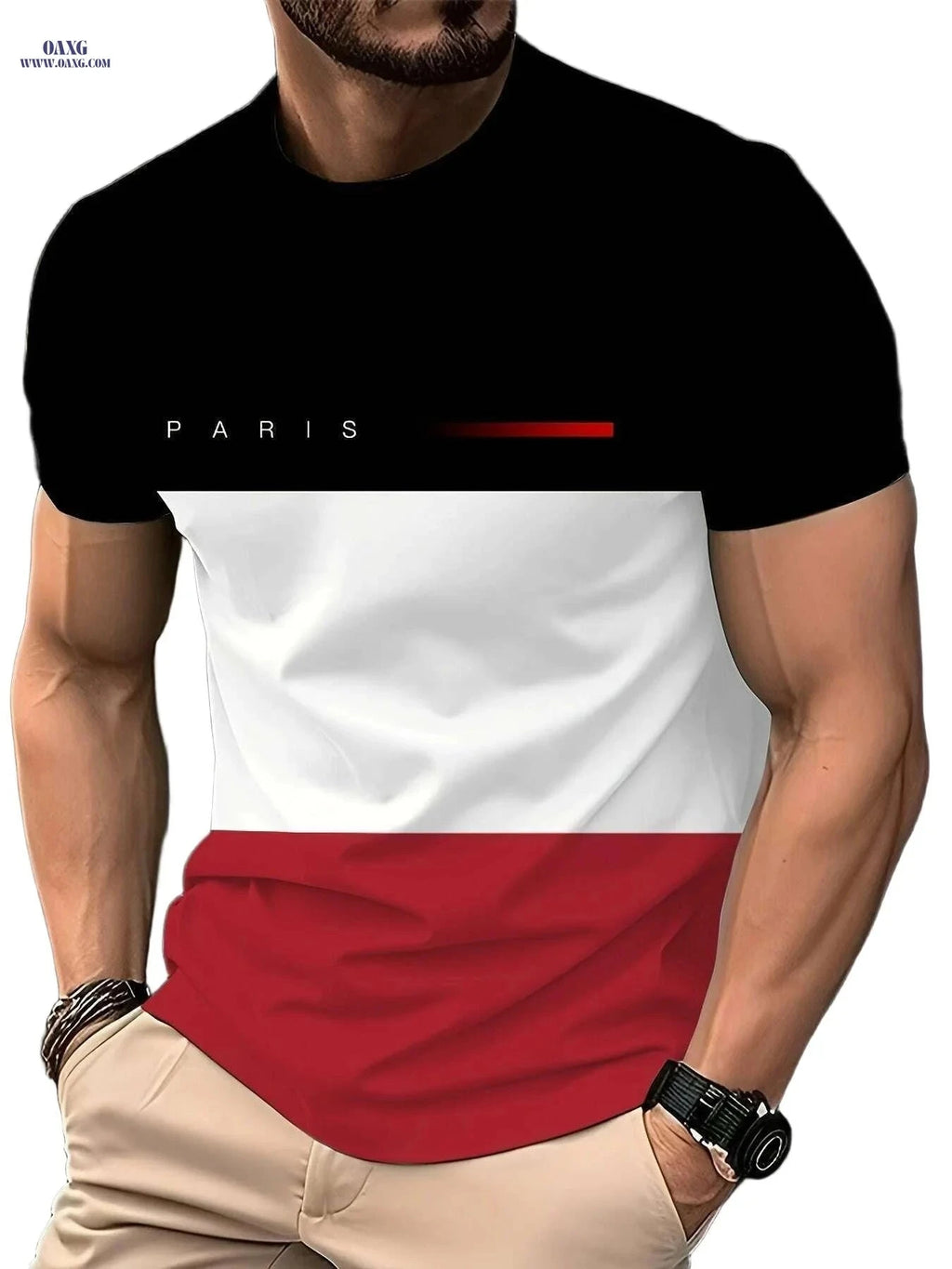 Stylish Casual Men's Graphic T-Shirt - Color-Blocked Design for Summer   OAXG 
