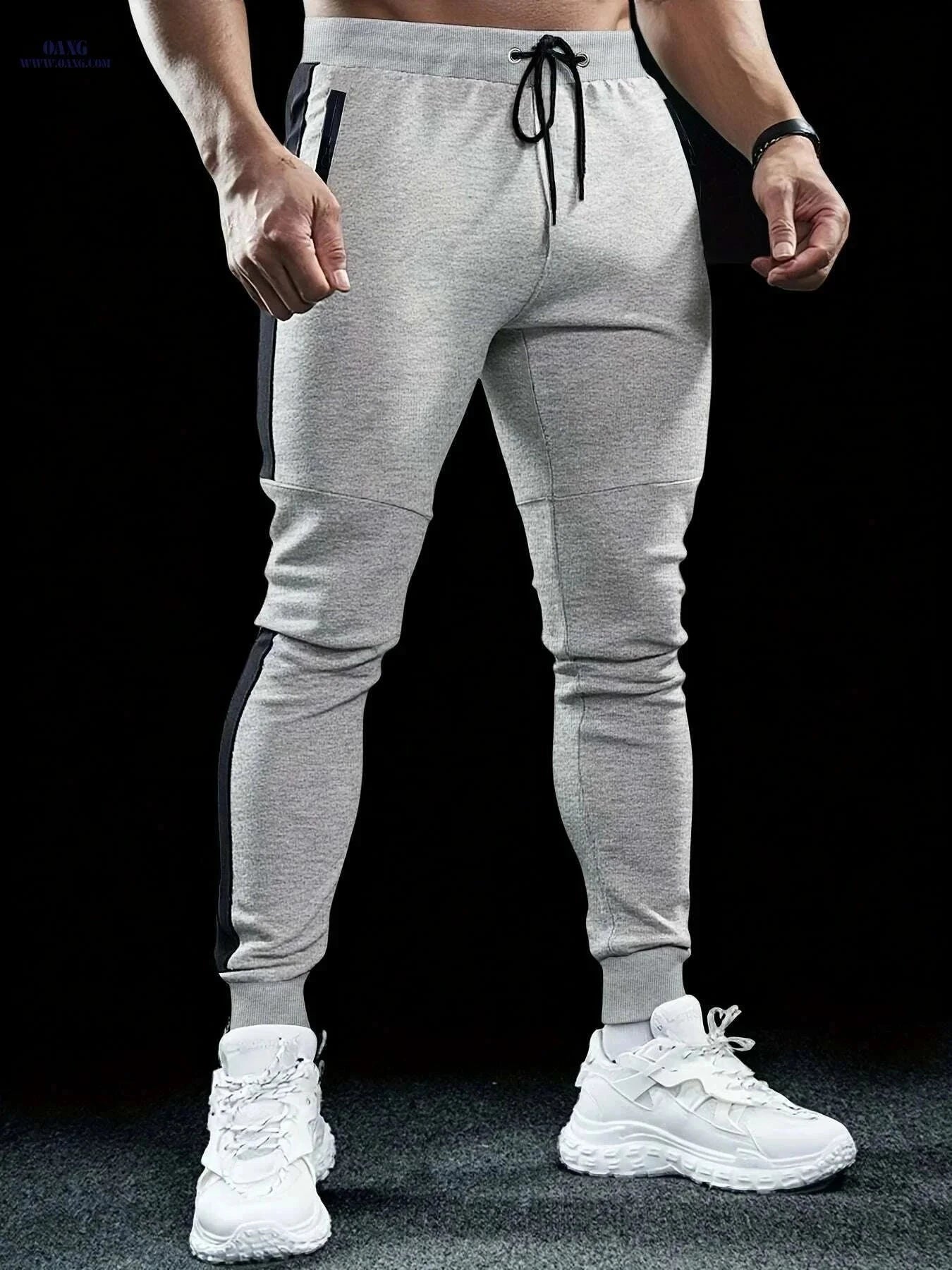Stylish Color-Blocked Men's Casual Pants - Elastic Waist, Relaxed Fit   OAXG Light Grey / S