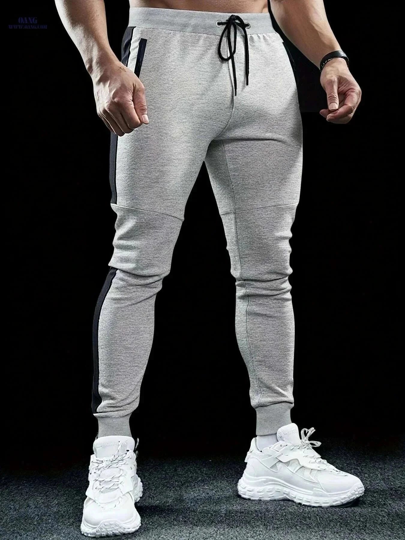 Stylish Color-Blocked Men's Casual Pants - Elastic Waist, Relaxed Fit   OAXG Light Grey / S