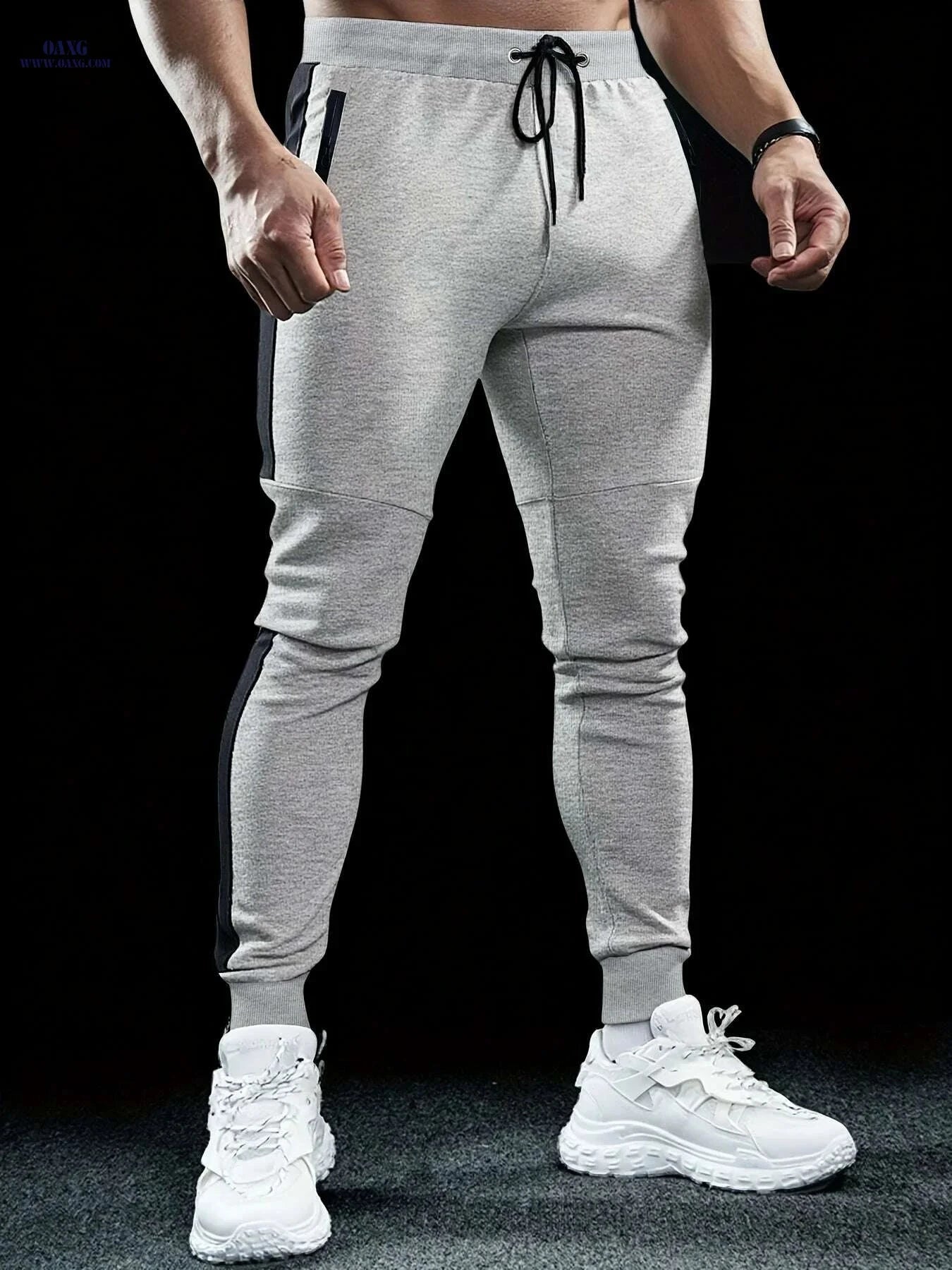 Stylish Color-Blocked Men's Casual Pants - Elastic Waist, Relaxed Fit   OAXG Light Grey / S