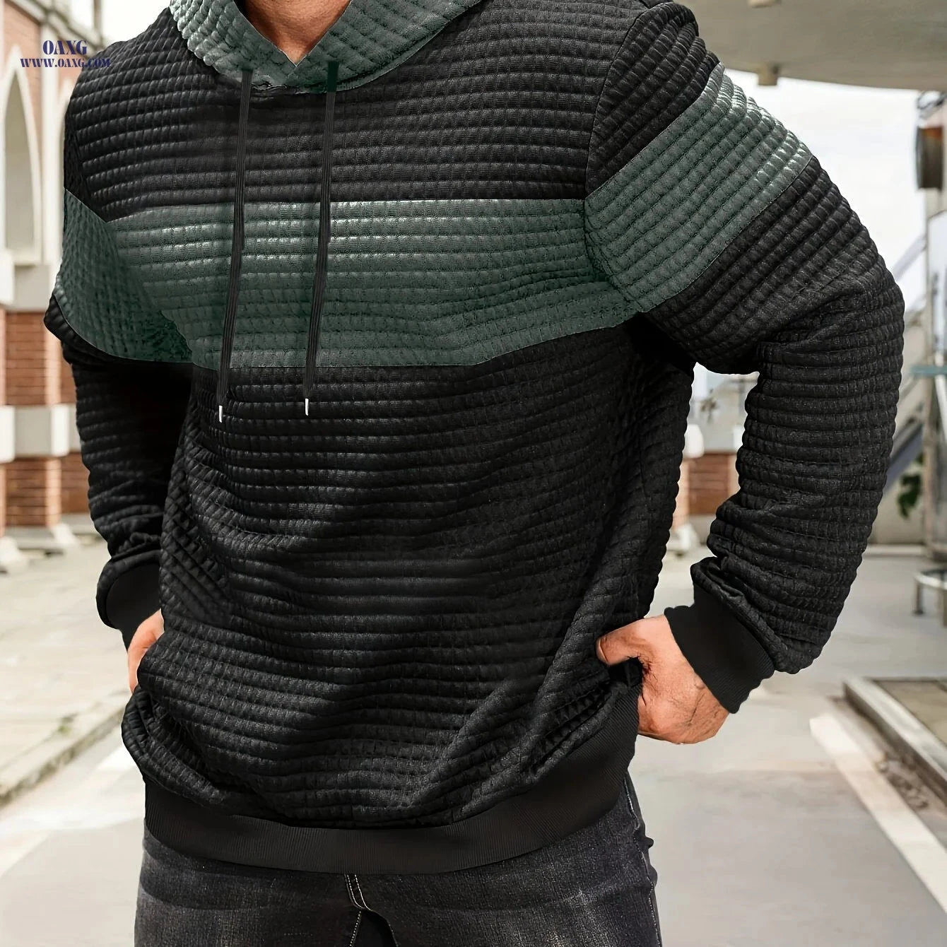 Stylish Color-Blocking Hoodie Sweatshirt for Men - Casual Pullover   OAXG 