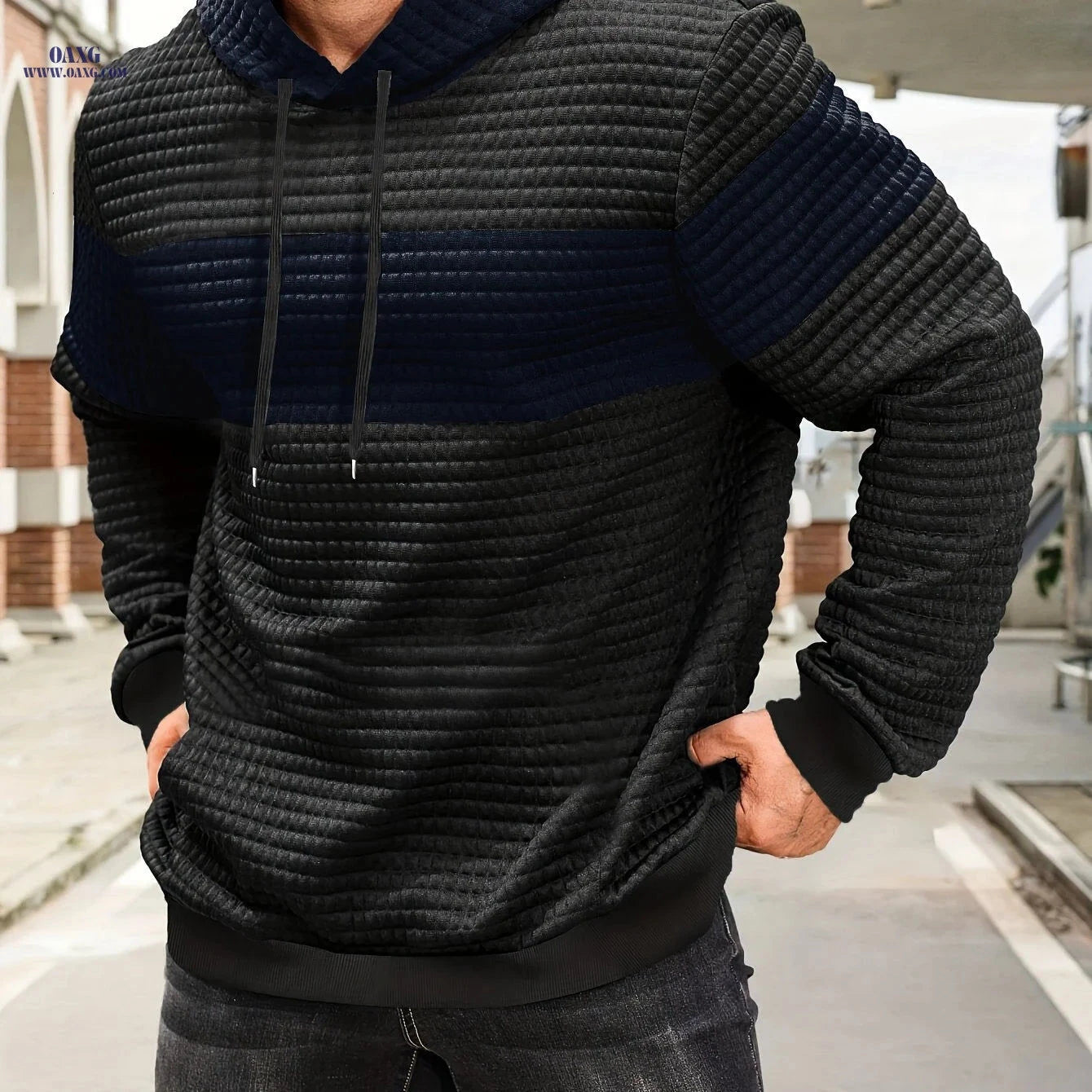 Stylish Color-Blocking Hoodie Sweatshirt for Men - Casual Pullover   OAXG 