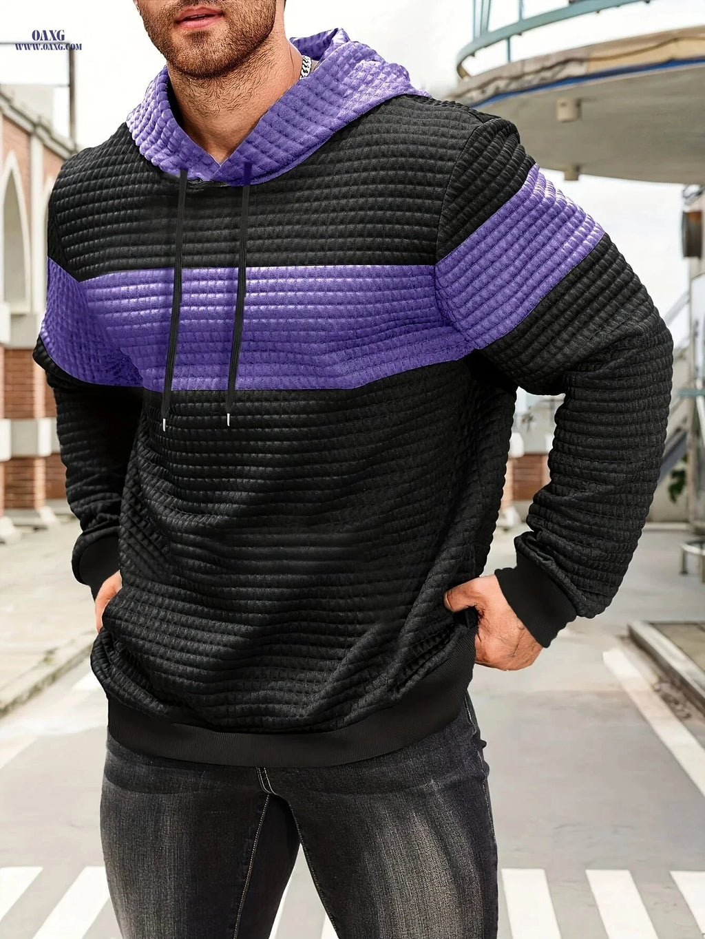 Stylish Color-Blocking Hoodie Sweatshirt for Men - Casual Pullover   OAXG Dark Gray / FR XS