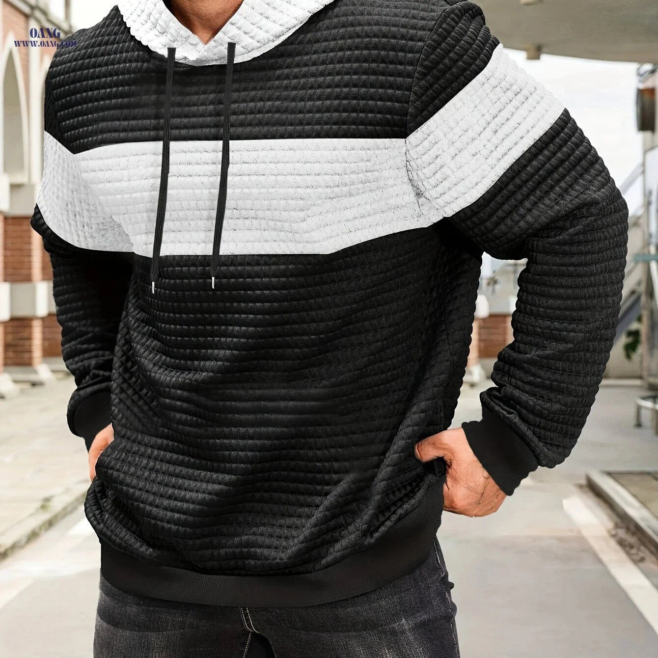 Stylish Color-Blocking Hoodie Sweatshirt for Men - Casual Pullover   OAXG Dark Gray / FR XS
