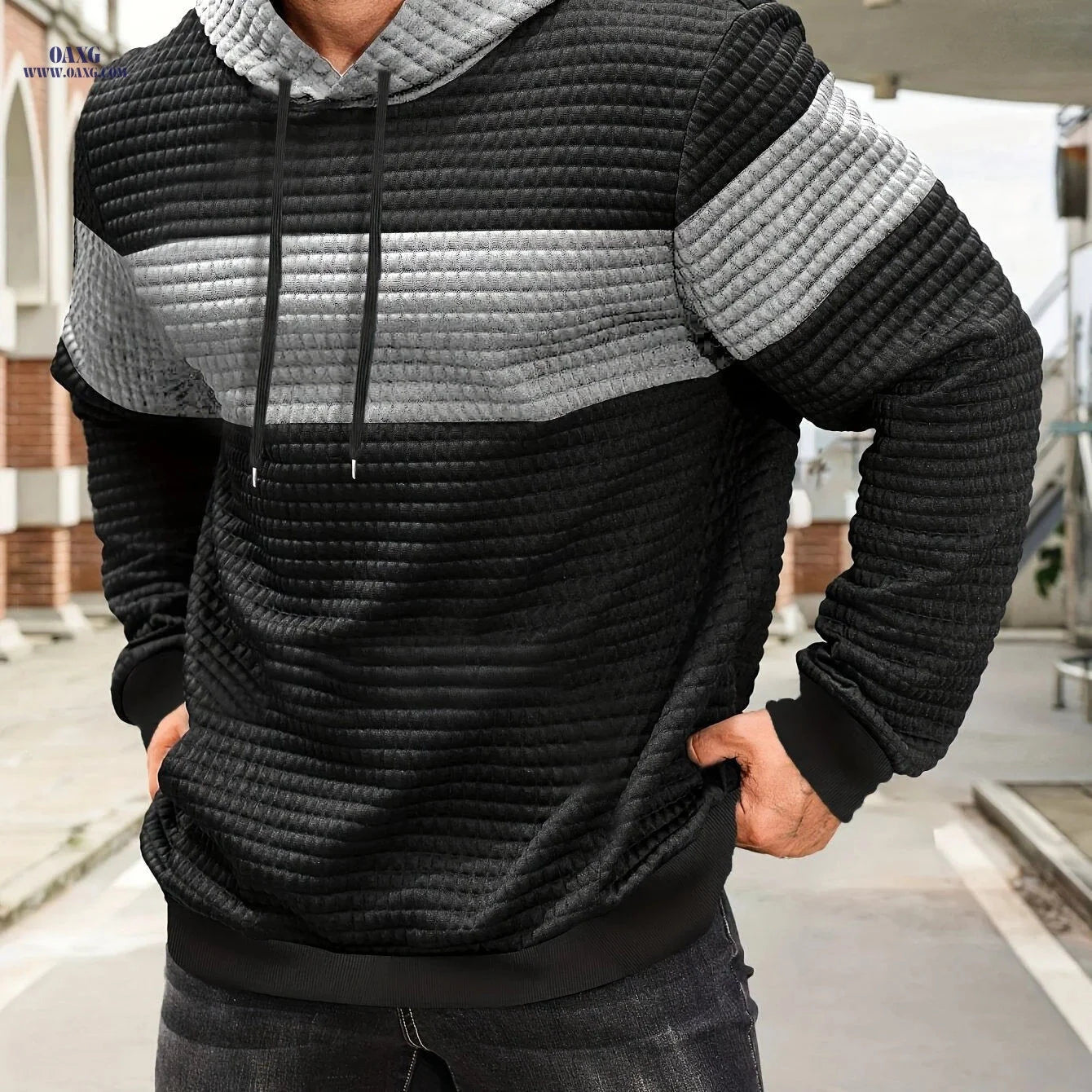 Stylish Color-Blocking Hoodie Sweatshirt for Men - Casual Pullover   OAXG 