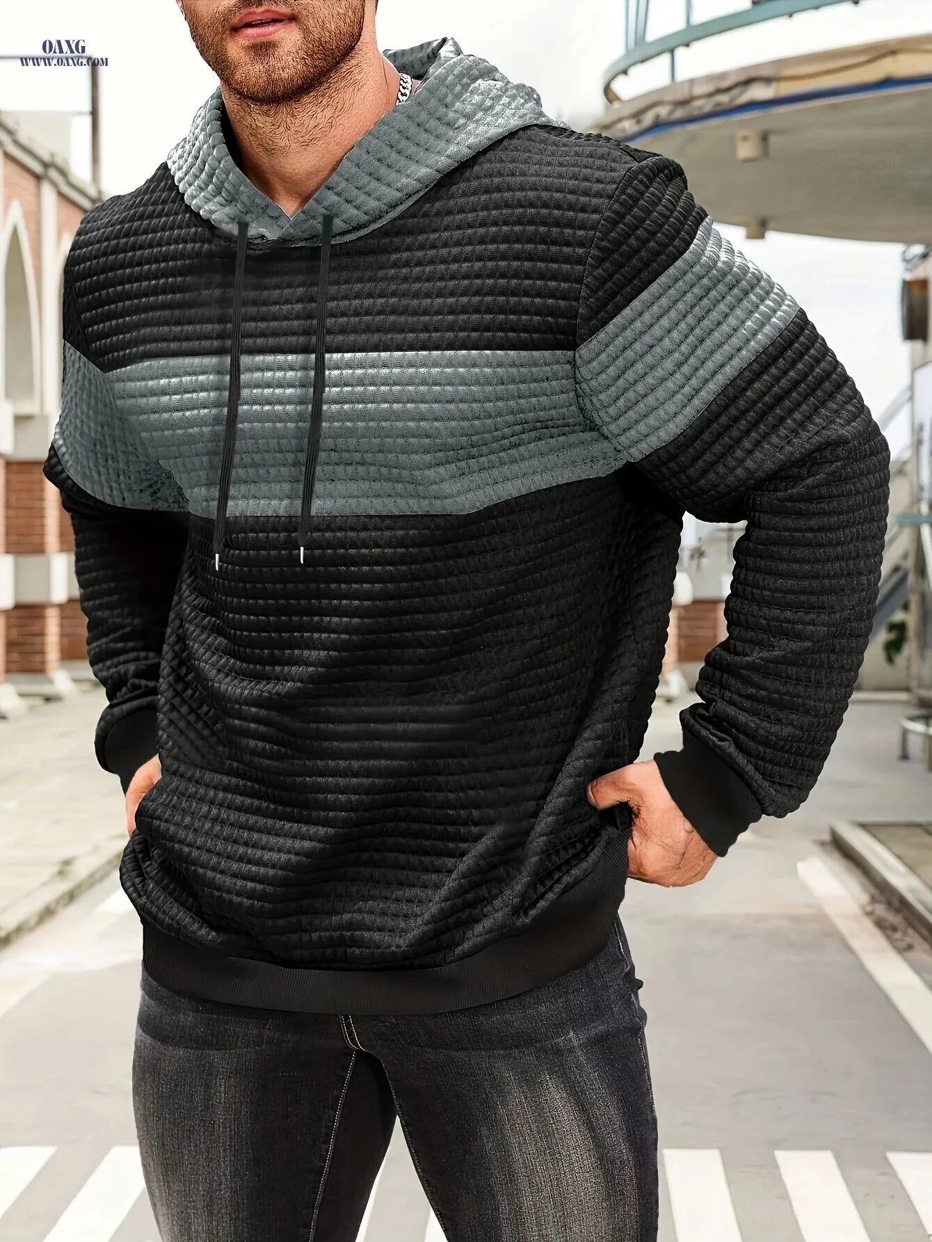 Stylish Color-Blocking Hoodie Sweatshirt for Men - Casual Pullover   OAXG 