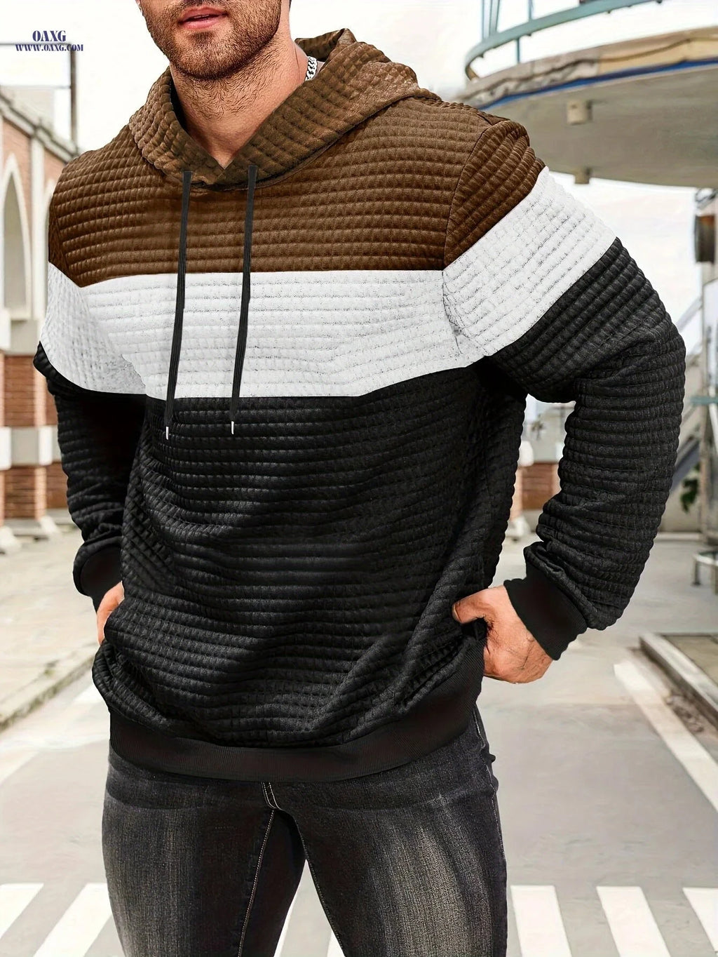 Stylish Color-Blocking Hoodie Sweatshirt for Men - Casual Pullover   OAXG 