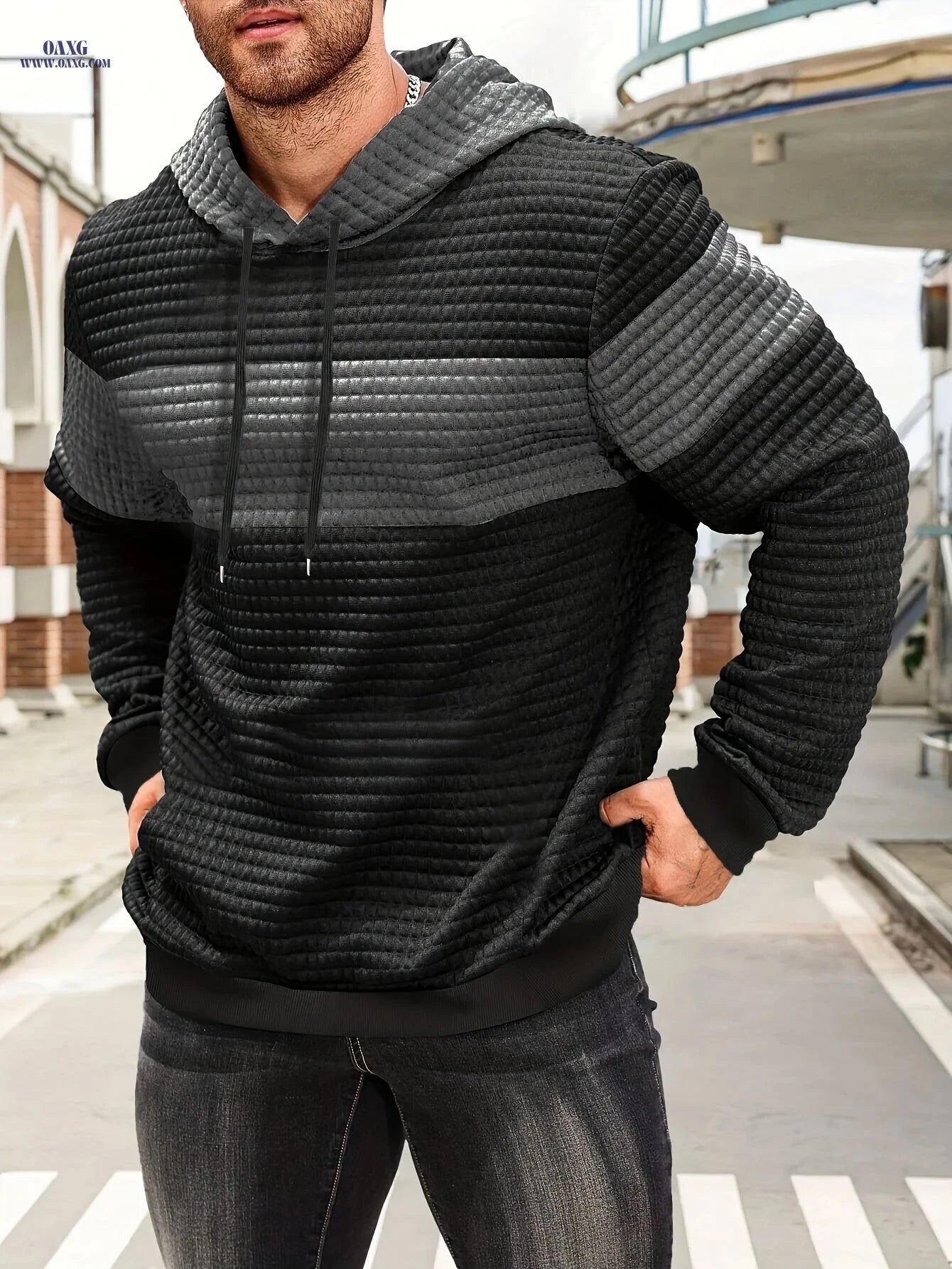 Stylish Color-Blocking Hoodie Sweatshirt for Men - Casual Pullover   OAXG 