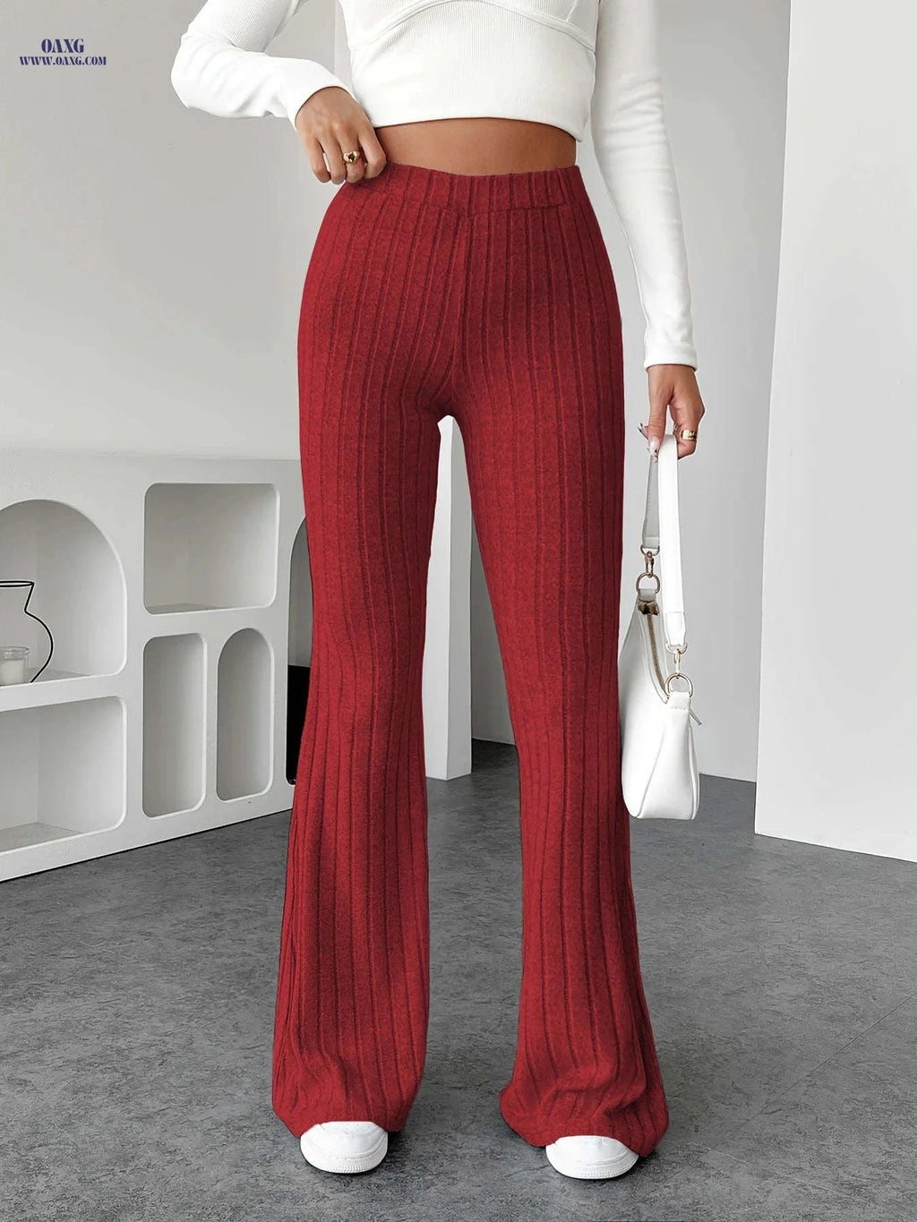 Stylish Flared Pants - Plush Solid Color for Commuting & Casual Wear   OAXG 