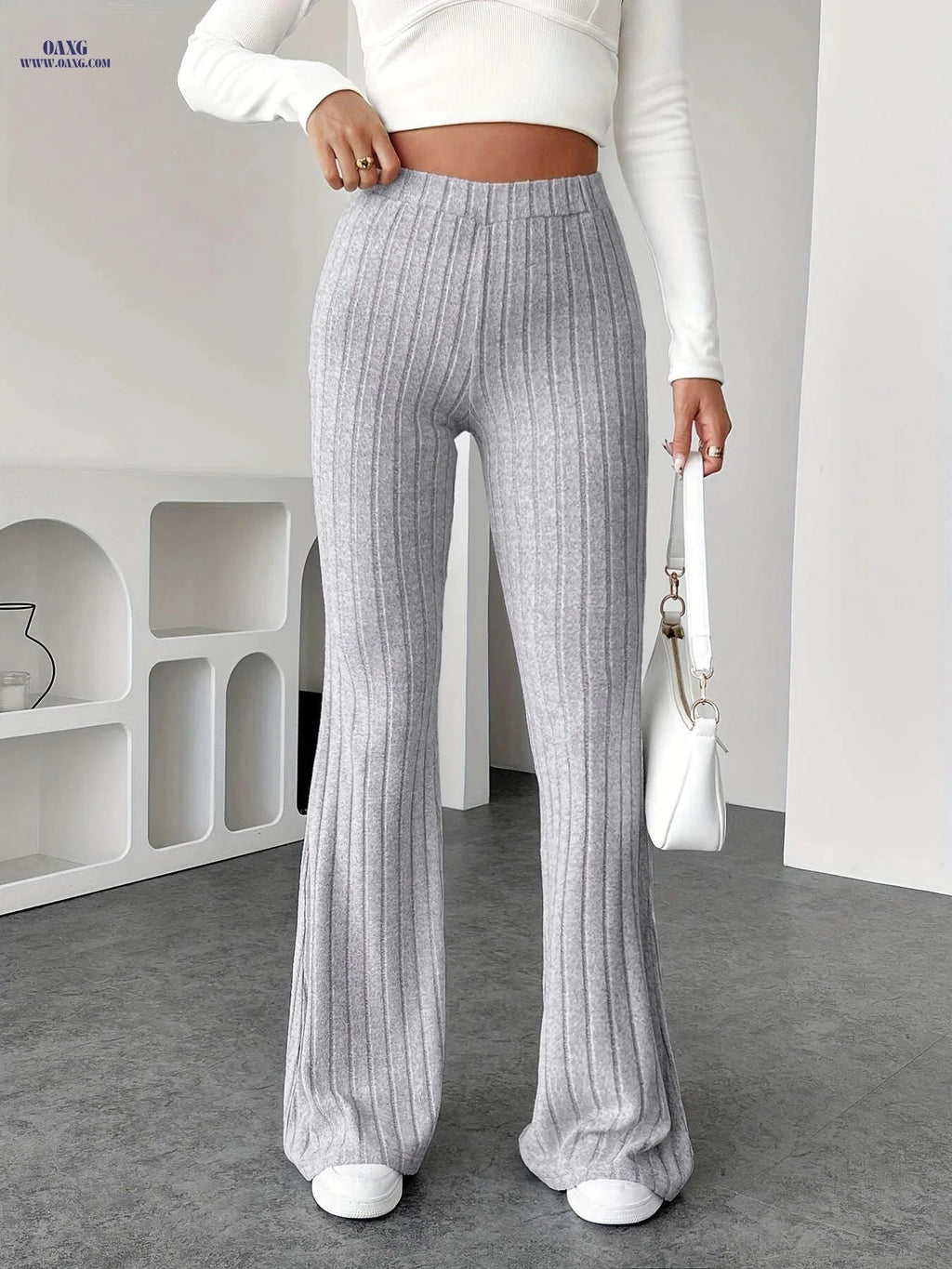 Stylish Flared Pants - Plush Solid Color for Commuting & Casual Wear   OAXG 