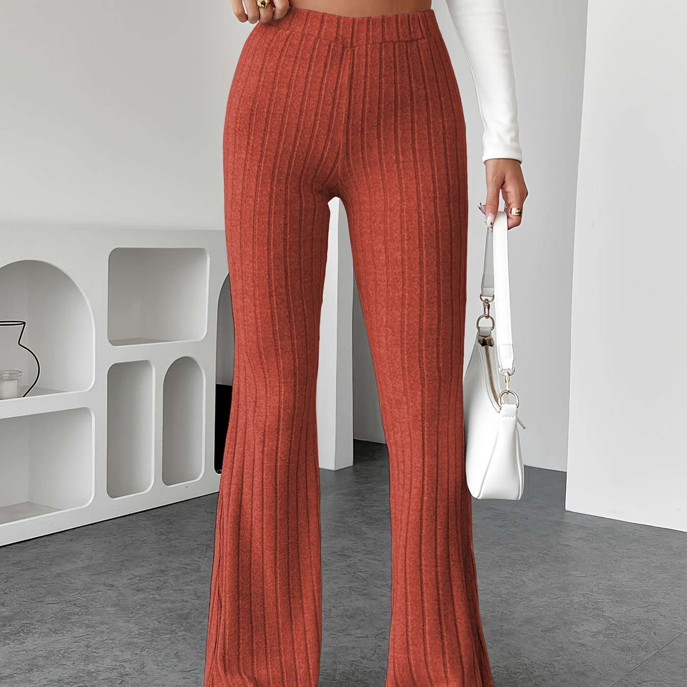 Stylish Flared Pants - Plush Solid Color for Commuting & Casual Wear   OAXG 