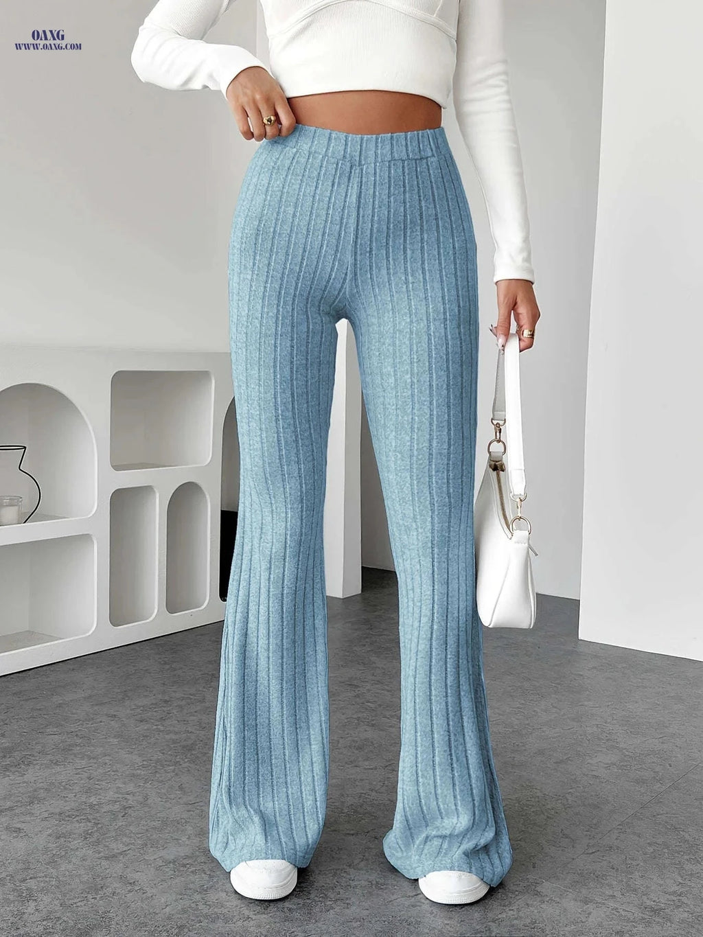 Stylish Flared Pants - Plush Solid Color for Commuting & Casual Wear   OAXG 