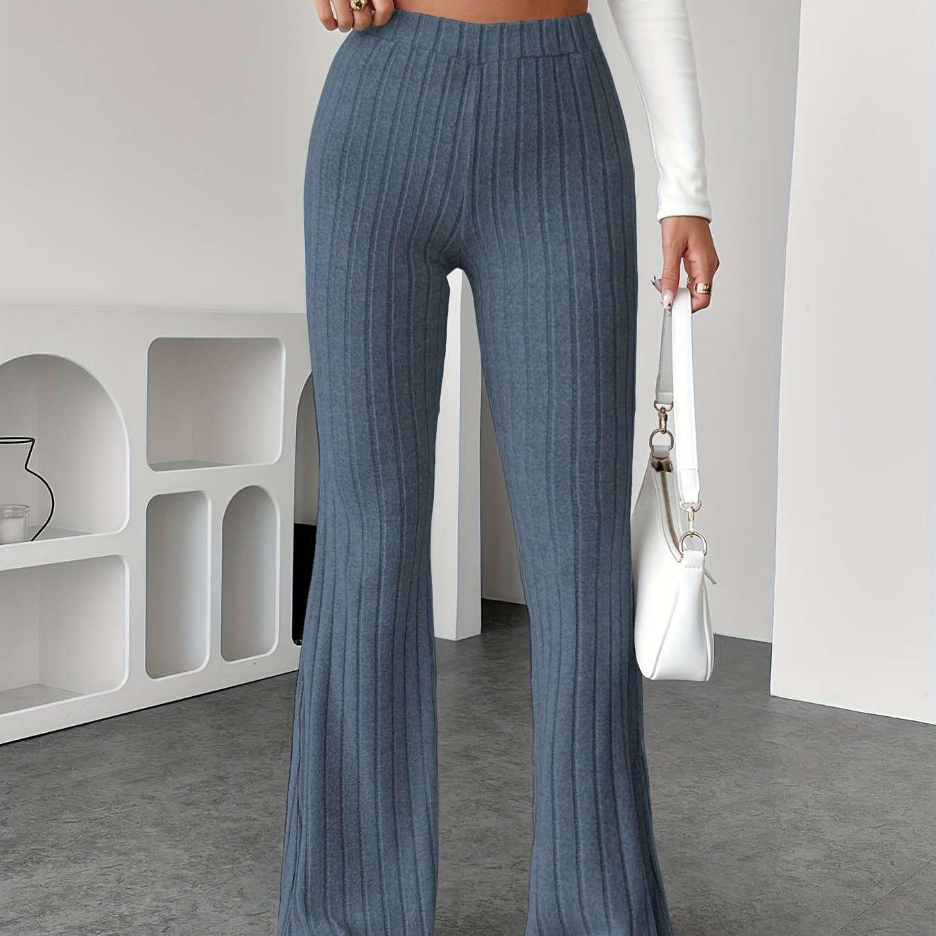 Stylish Flared Pants - Plush Solid Color for Commuting & Casual Wear   OAXG Light Grey / XS
