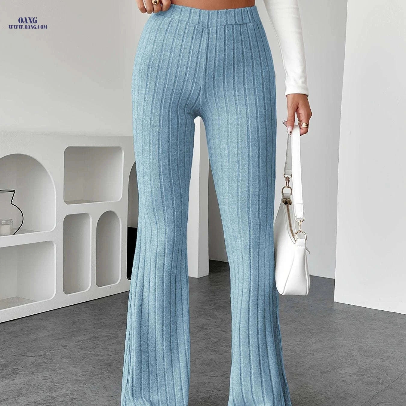 Stylish Flared Pants - Plush Solid Color for Commuting & Casual Wear   OAXG Light Grey / XS