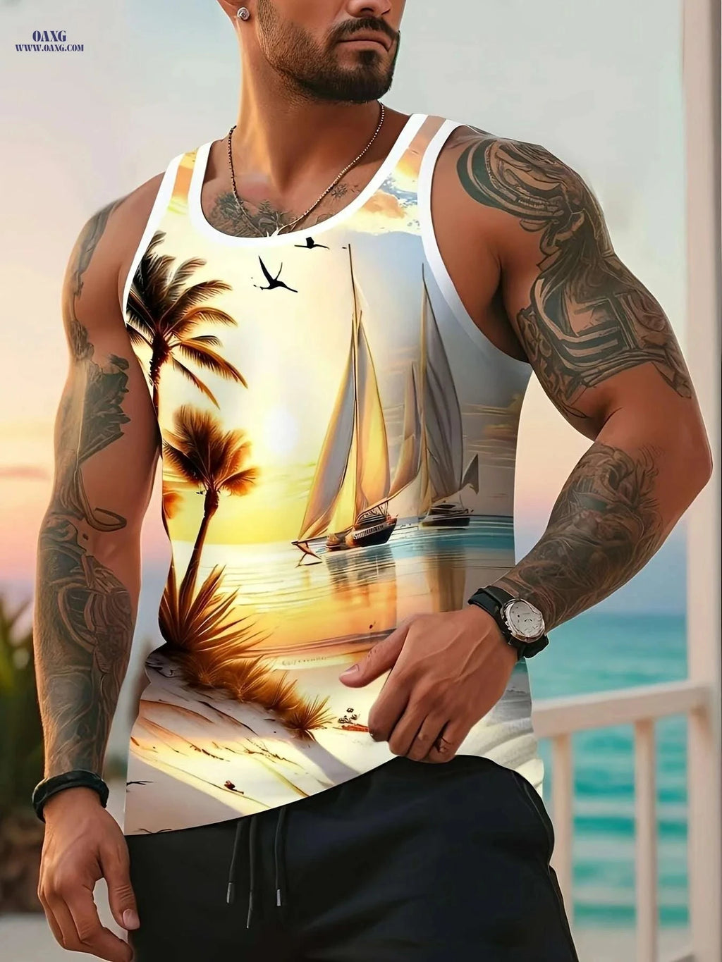 Stylish Gradient Blue to Pink Tank Top - Premium Digital Print for Men   OAXG 