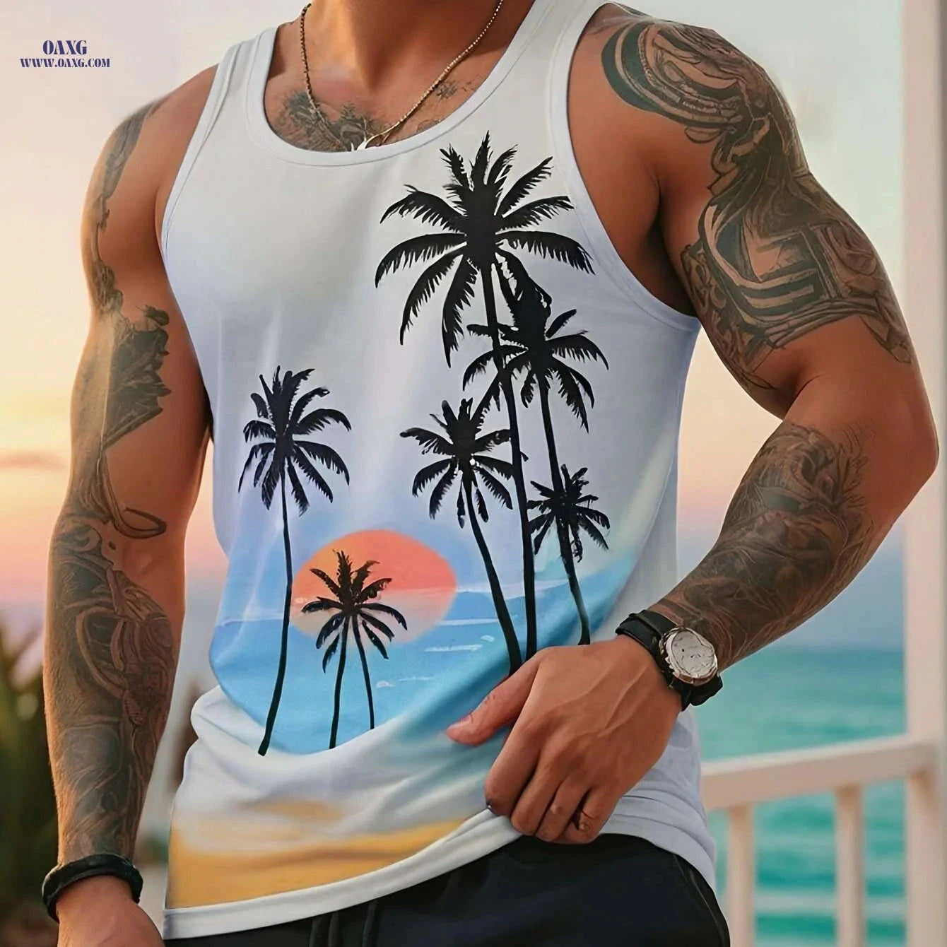 Stylish Gradient Blue to Pink Tank Top - Premium Digital Print for Men   OAXG 