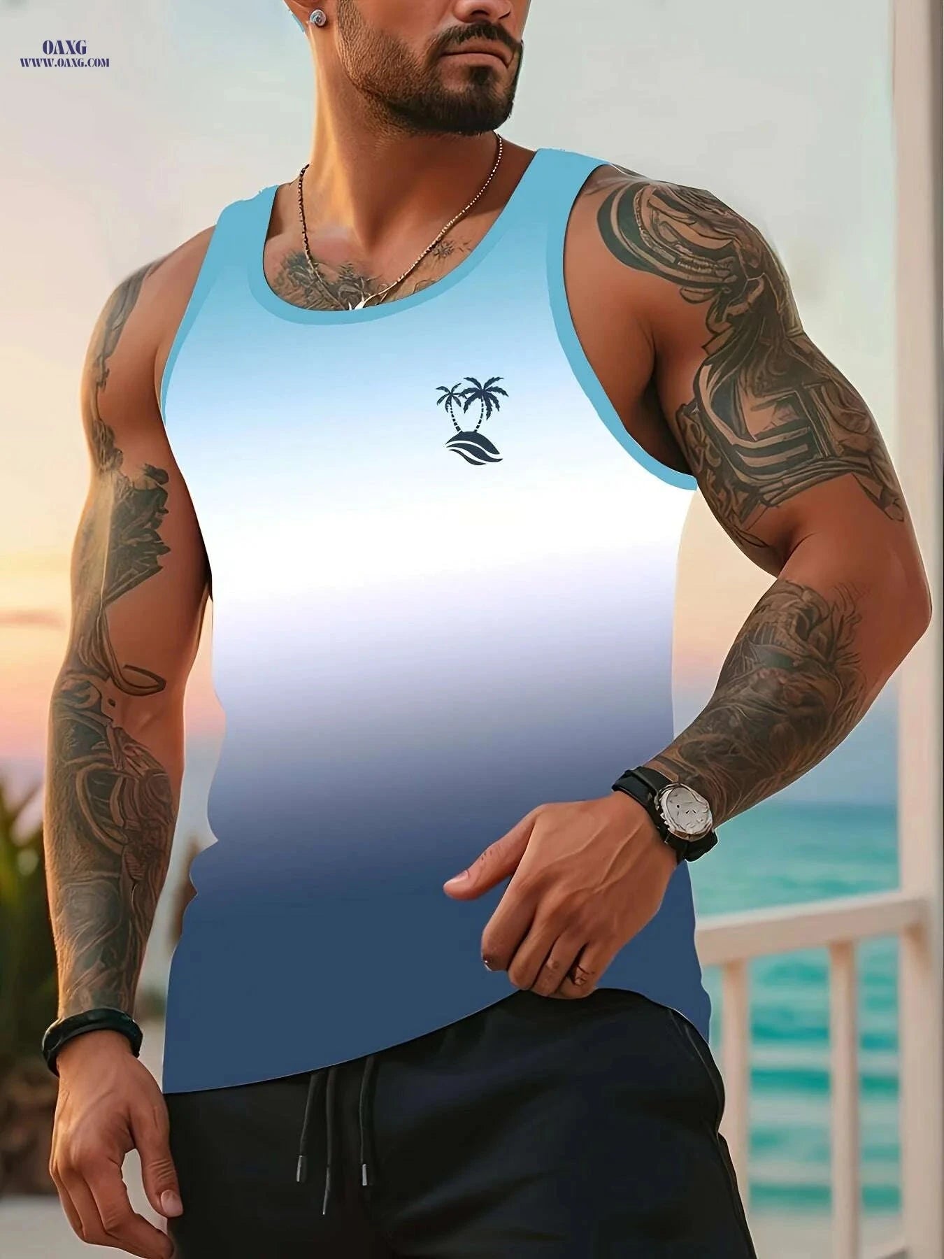 Stylish Gradient Blue to Pink Tank Top - Premium Digital Print for Men   OAXG Vibrant Blue / S